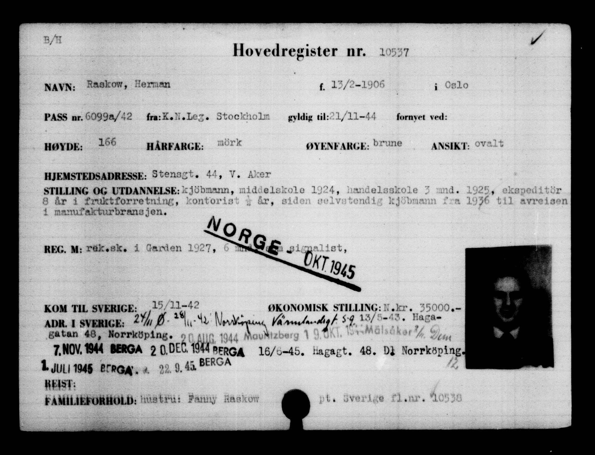 Utenriksstasjonene, Legasjonen i Stockholm, Flyktningkontoret, AV/RA-S-6753/V/Va/L0006: Kjesäterkartoteket, flyktninger med registreringsnr. 9400-12711, 1940-1945, p. 1311