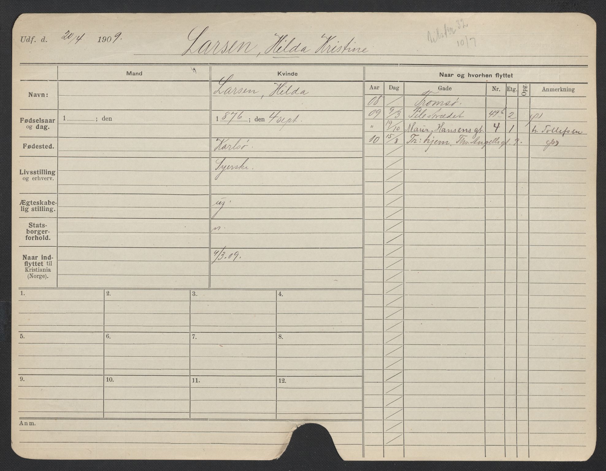 Oslo folkeregister, Registerkort, AV/SAO-A-11715/F/Fa/Fac/L0019: Kvinner, 1906-1914, p. 924a