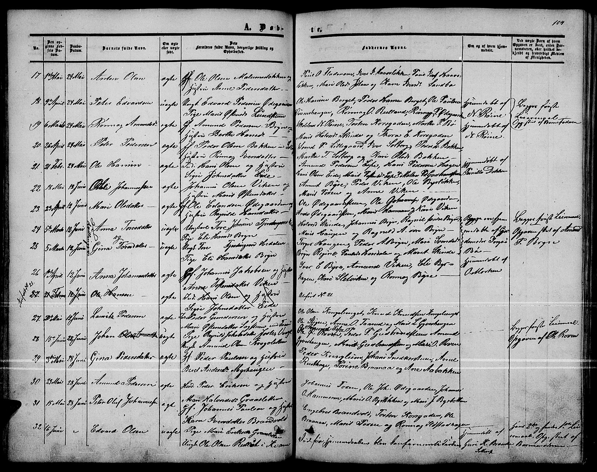 Nord-Fron prestekontor, SAH/PREST-080/H/Ha/Hab/L0001: Parish register (copy) no. 1, 1851-1883, p. 104