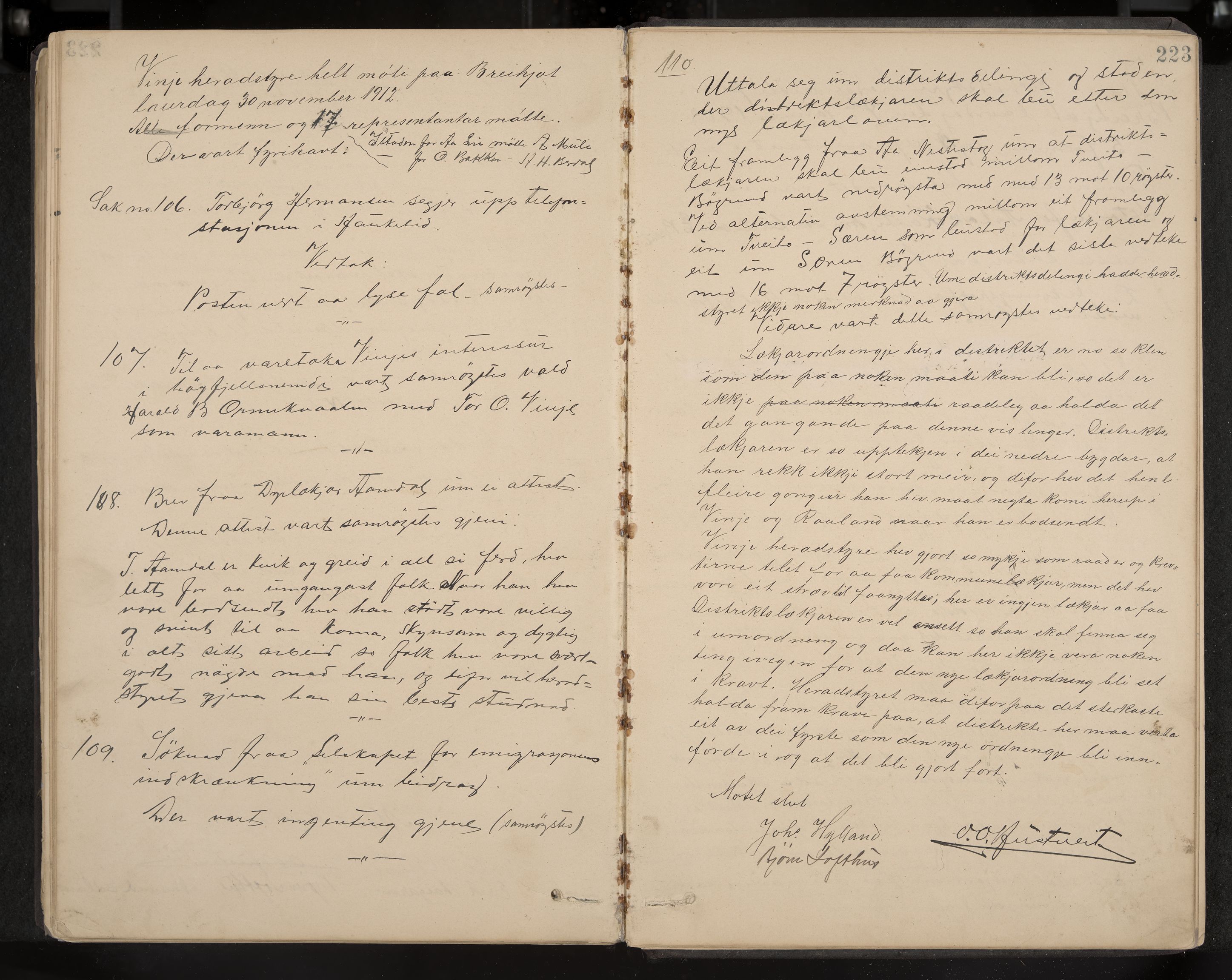 Vinje formannskap og sentraladministrasjon, IKAK/0834021-1/A/L0002: Møtebok, 1889-1913, p. 223