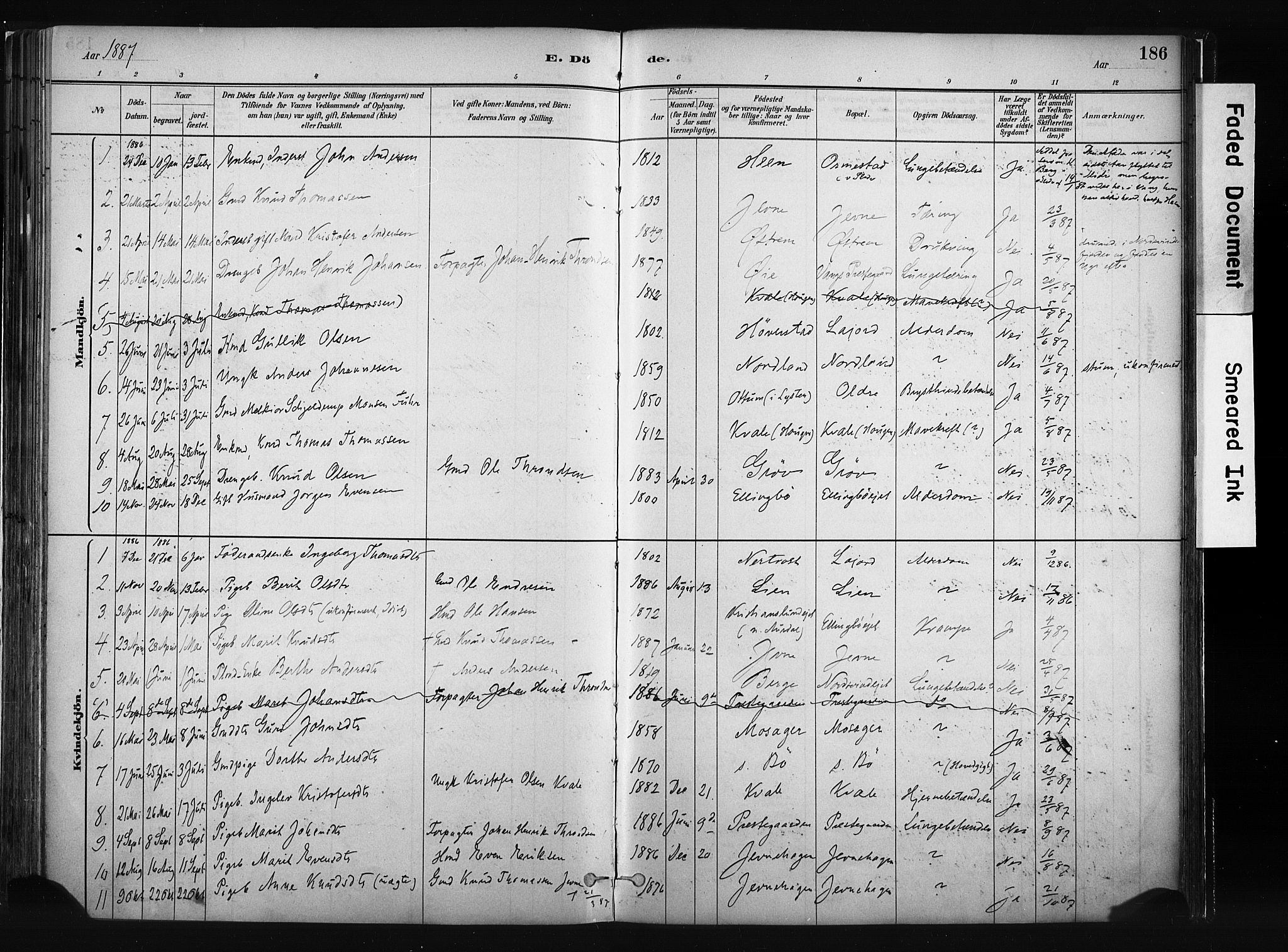 Vang prestekontor, Valdres, SAH/PREST-140/H/Ha/L0008: Parish register (official) no. 8, 1882-1910, p. 186