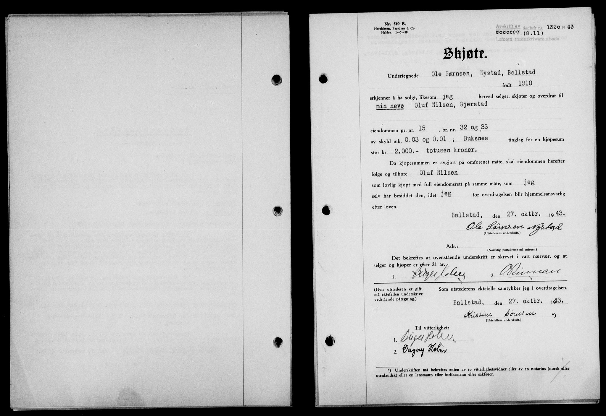 Lofoten sorenskriveri, SAT/A-0017/1/2/2C/L0011a: Mortgage book no. 11a, 1943-1943, Diary no: : 1320/1943