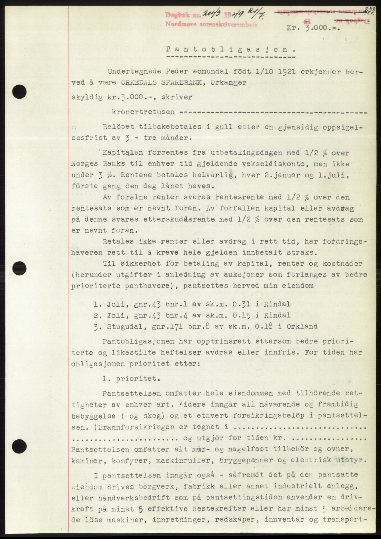 Nordmøre sorenskriveri, AV/SAT-A-4132/1/2/2Ca: Mortgage book no. B102, 1949-1949, Diary no: : 2043/1949