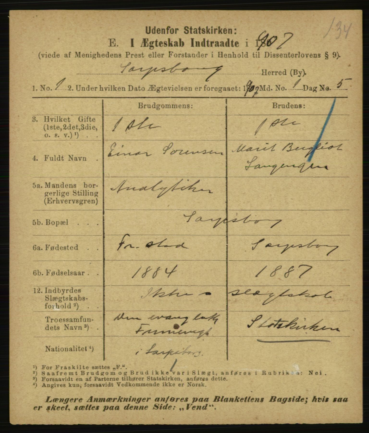 Statistisk sentralbyrå, Sosiodemografiske emner, Befolkning, AV/RA-S-2228/E/L0005: Fødte, gifte, døde dissentere., 1907, p. 1719