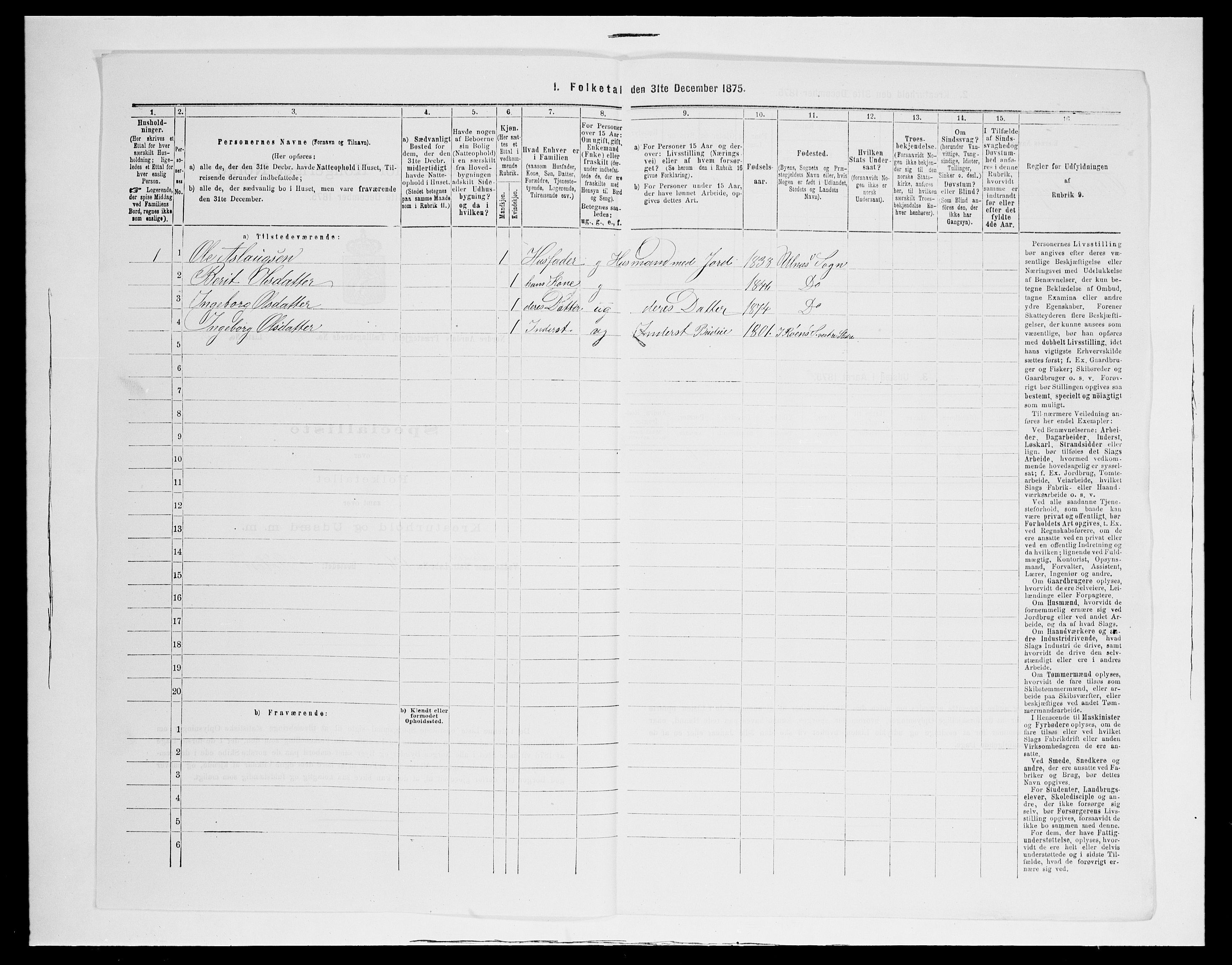 SAH, 1875 census for 0542P Nord-Aurdal, 1875, p. 617