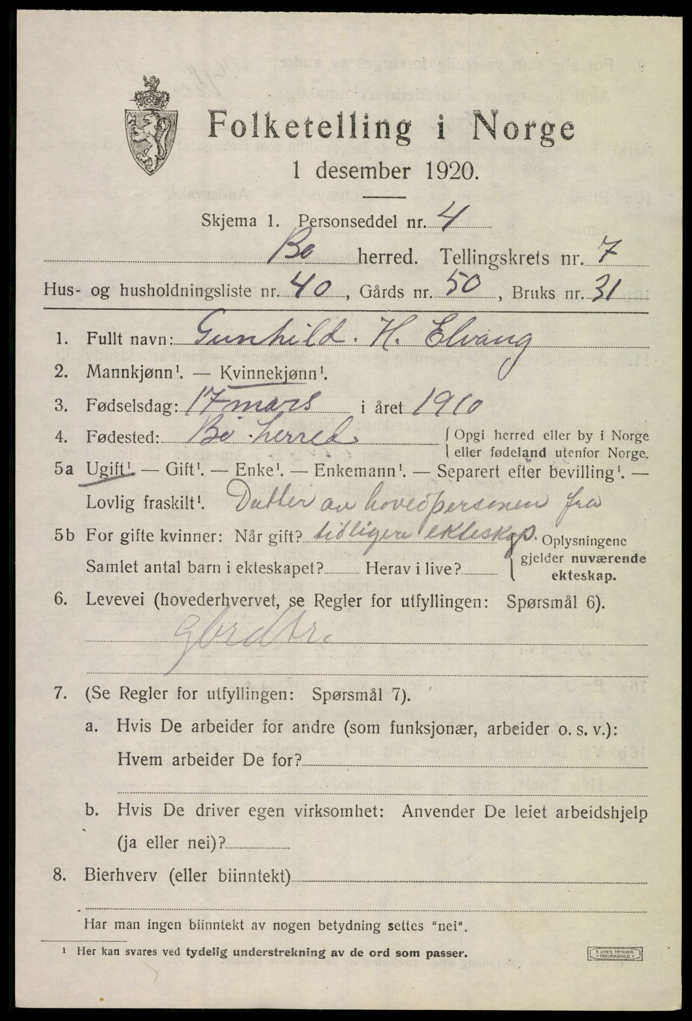 SAKO, 1920 census for Bø (Telemark), 1920, p. 5488