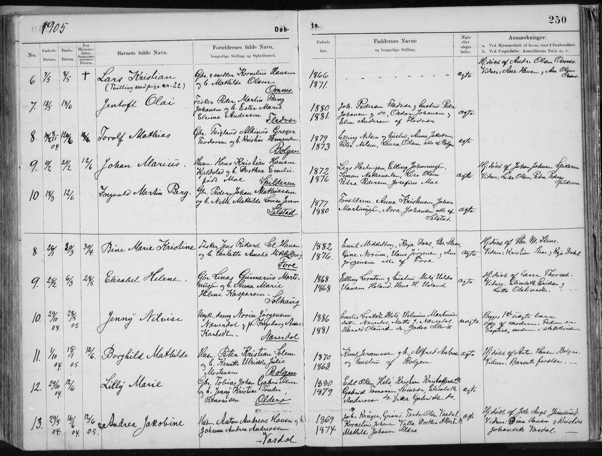 Ministerialprotokoller, klokkerbøker og fødselsregistre - Nordland, SAT/A-1459/843/L0636: Parish register (copy) no. 843C05, 1884-1909, p. 250