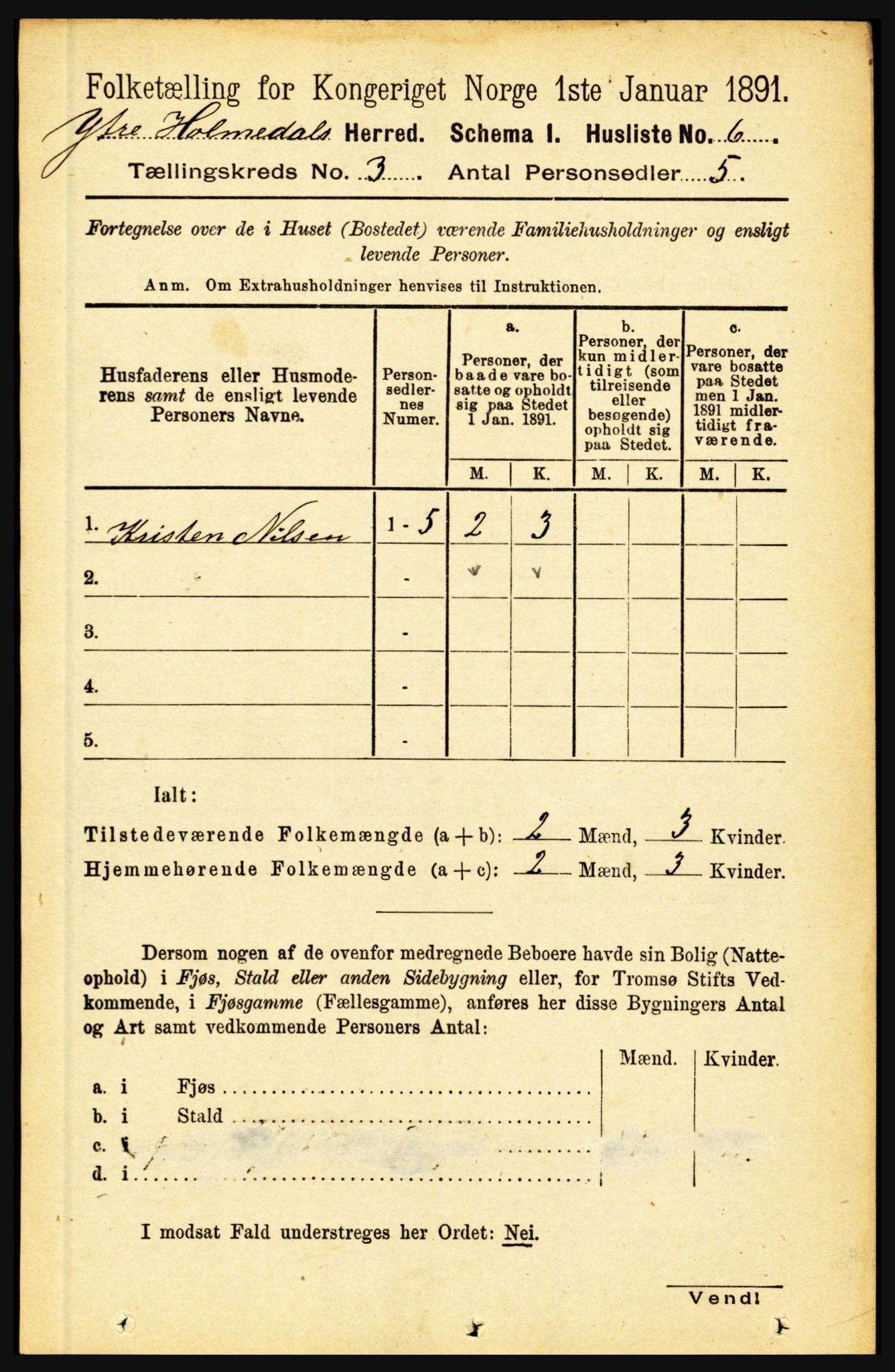 RA, 1891 census for 1429 Ytre Holmedal, 1891, p. 605