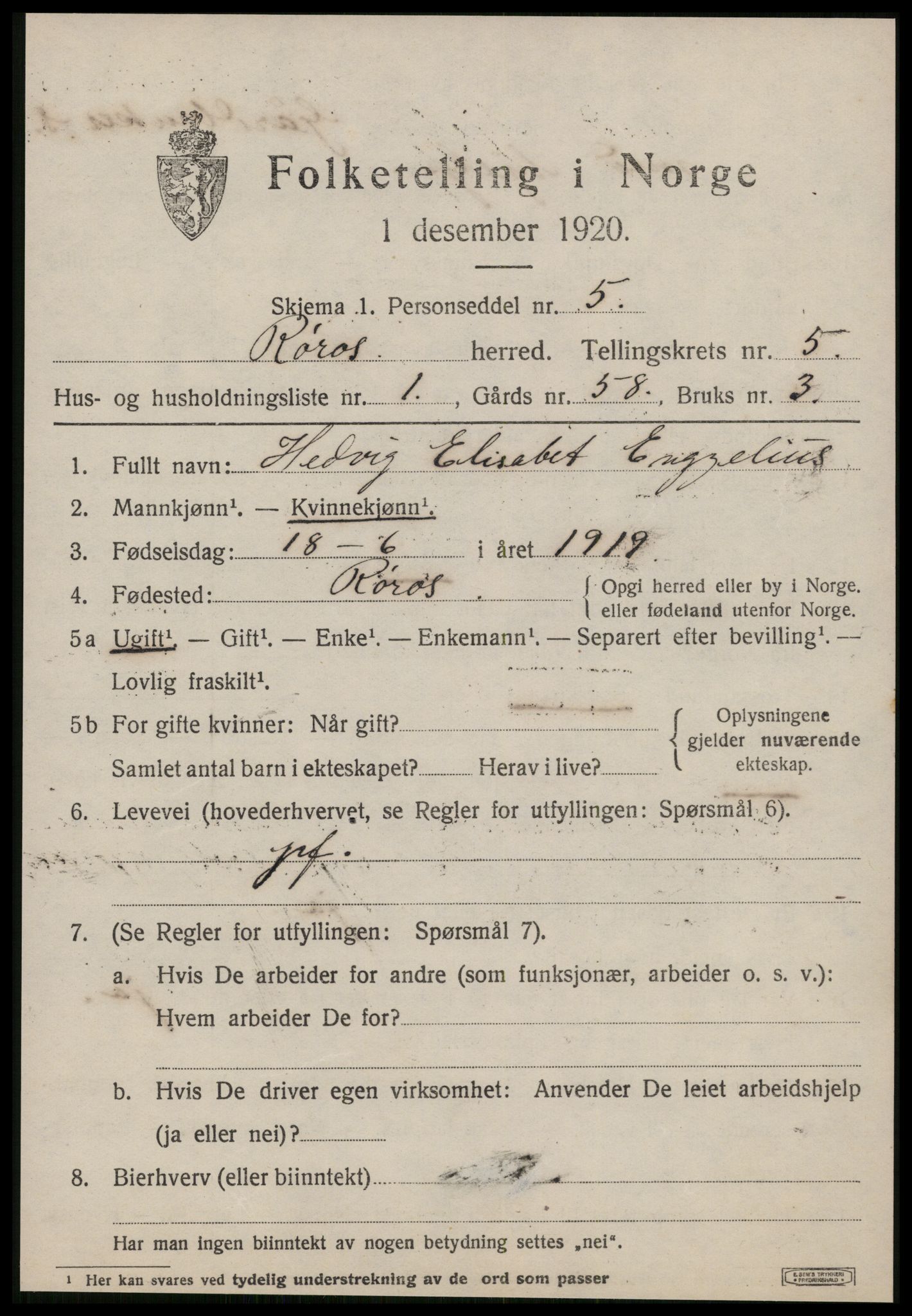 SAT, 1920 census for Røros, 1920, p. 5560