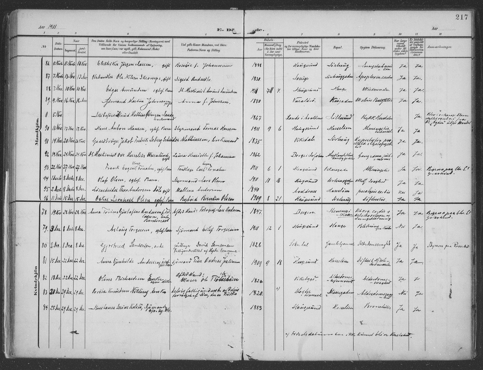 Haugesund sokneprestkontor, AV/SAST-A -101863/H/Ha/Haa/L0007: Parish register (official) no. A 7, 1904-1916, p. 217