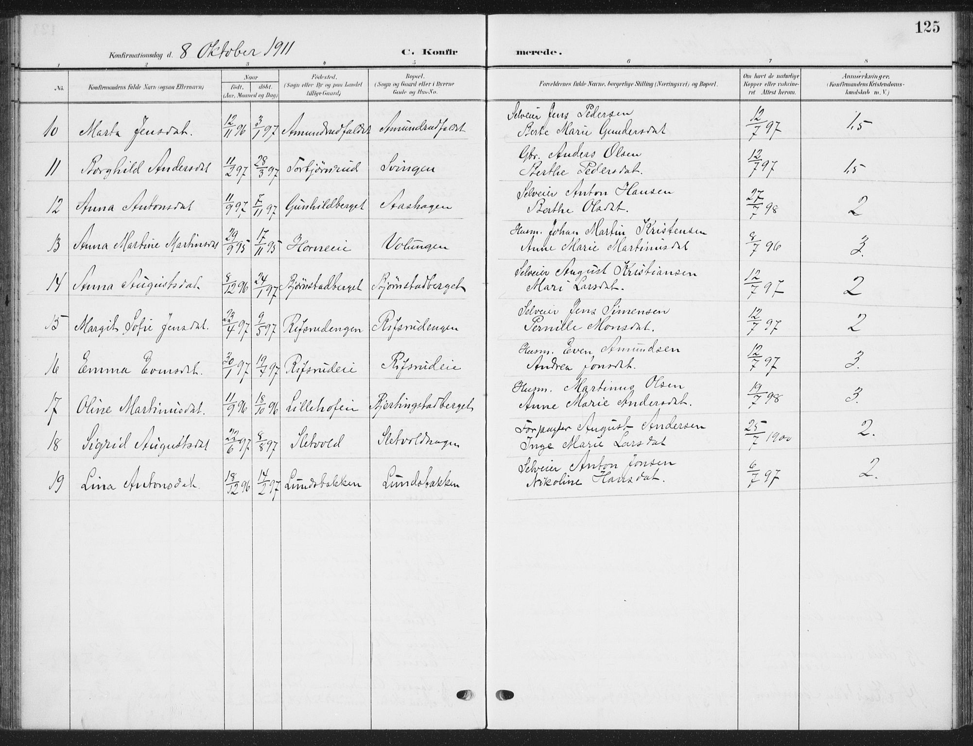 Romedal prestekontor, AV/SAH-PREST-004/K/L0009: Parish register (official) no. 9, 1906-1929, p. 125