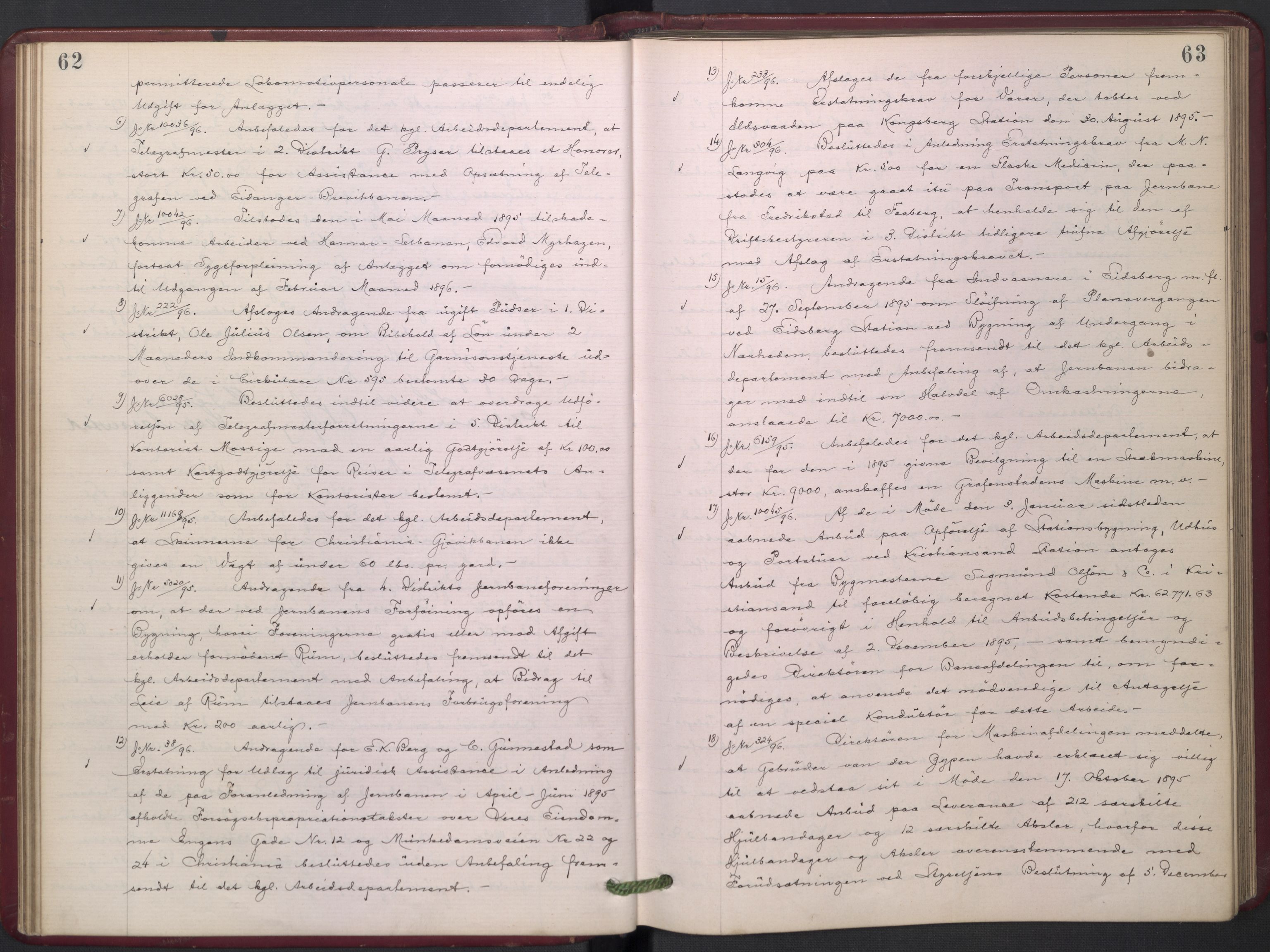 Norges statsbaner, Administrasjons- økonomi- og personalavdelingen, AV/RA-S-3412/A/Aa/L0003: Forhandlingsprotokoll, 1895-1897, p. 62-63