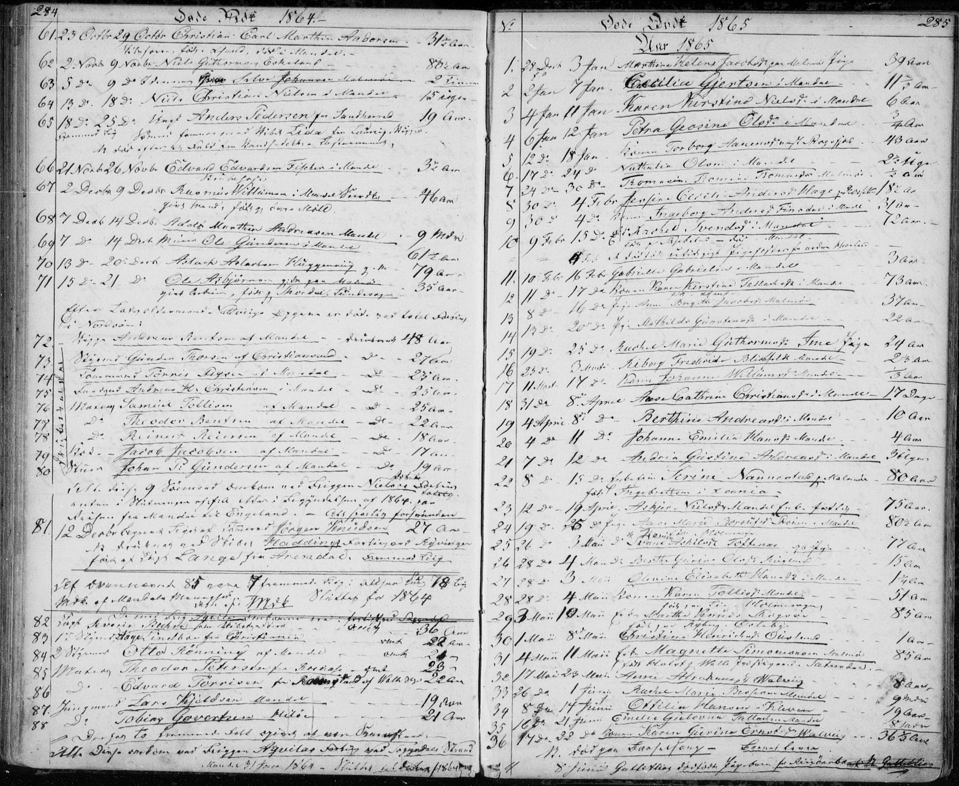 Mandal sokneprestkontor, AV/SAK-1111-0030/F/Fb/Fba/L0008: Parish register (copy) no. B 2, 1854-1868, p. 284-285