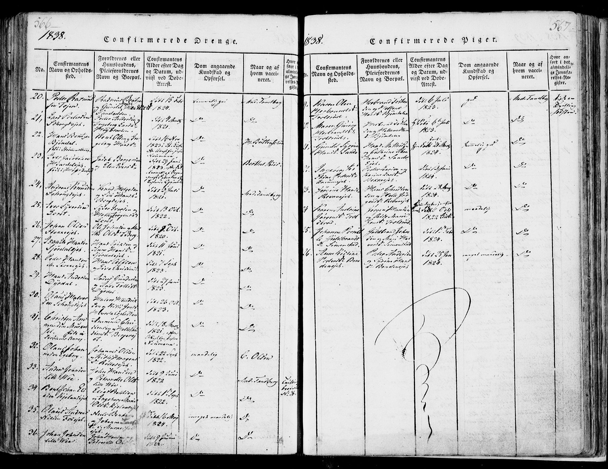 Sande Kirkebøker, SAKO/A-53/F/Fa/L0003: Parish register (official) no. 3, 1814-1847, p. 566-567