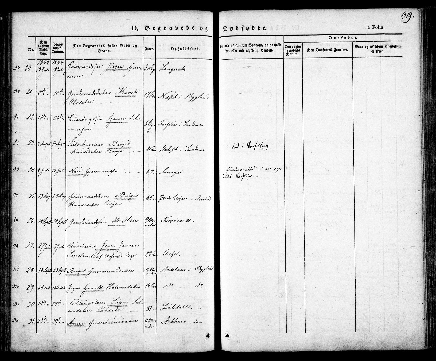 Bygland sokneprestkontor, AV/SAK-1111-0006/F/Fa/Fab/L0004: Parish register (official) no. A 4, 1842-1858, p. 319