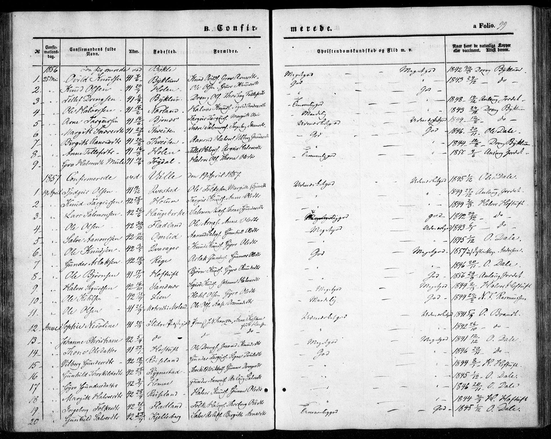 Valle sokneprestkontor, SAK/1111-0044/F/Fa/Fac/L0007: Parish register (official) no. A 7, 1854-1868, p. 99