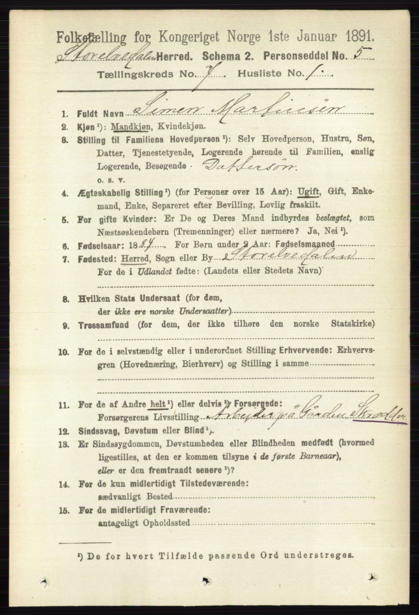 RA, 1891 census for 0430 Stor-Elvdal, 1891, p. 2652