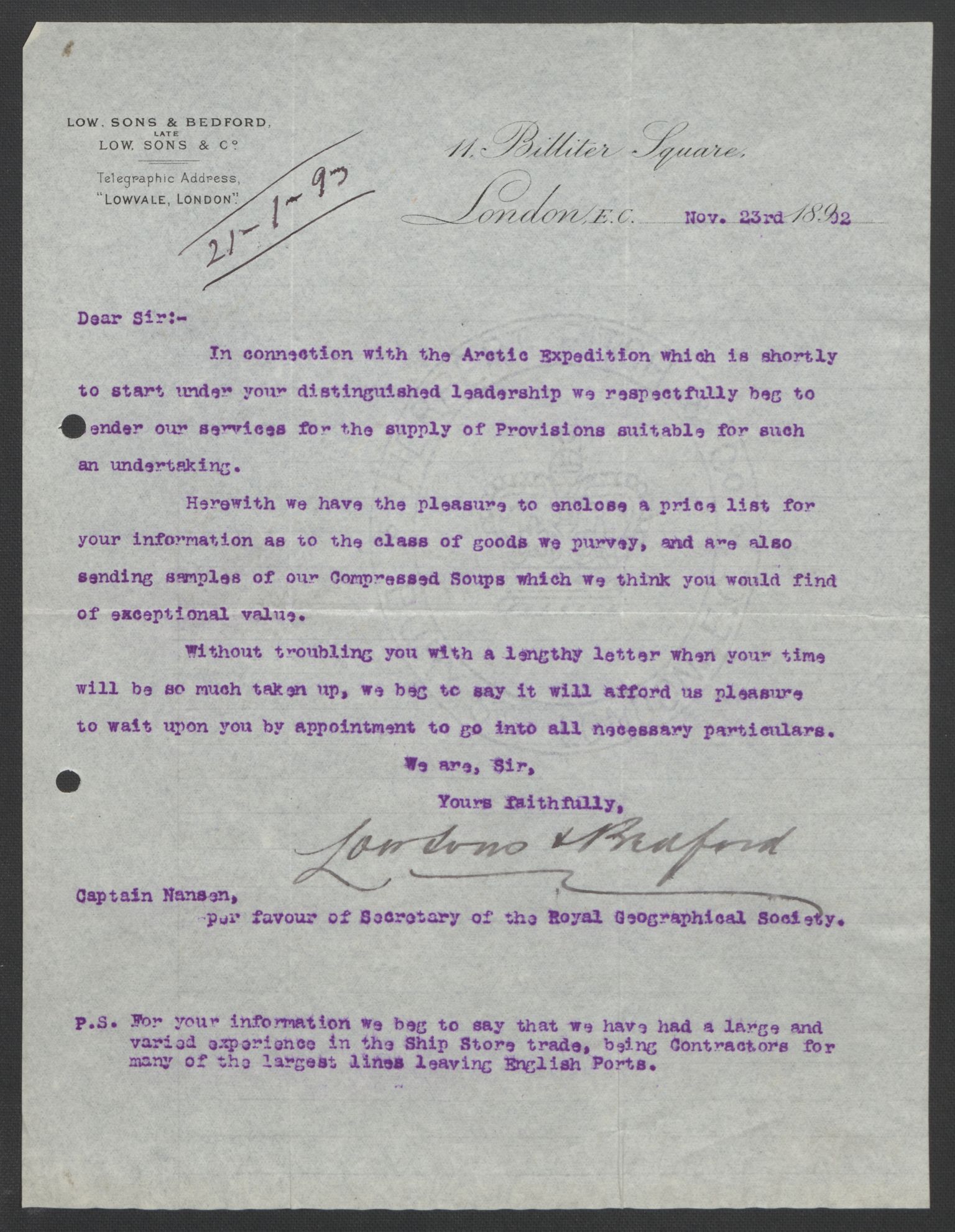 Arbeidskomitéen for Fridtjof Nansens polarekspedisjon, AV/RA-PA-0061/D/L0004: Innk. brev og telegrammer vedr. proviant og utrustning, 1892-1893, p. 355