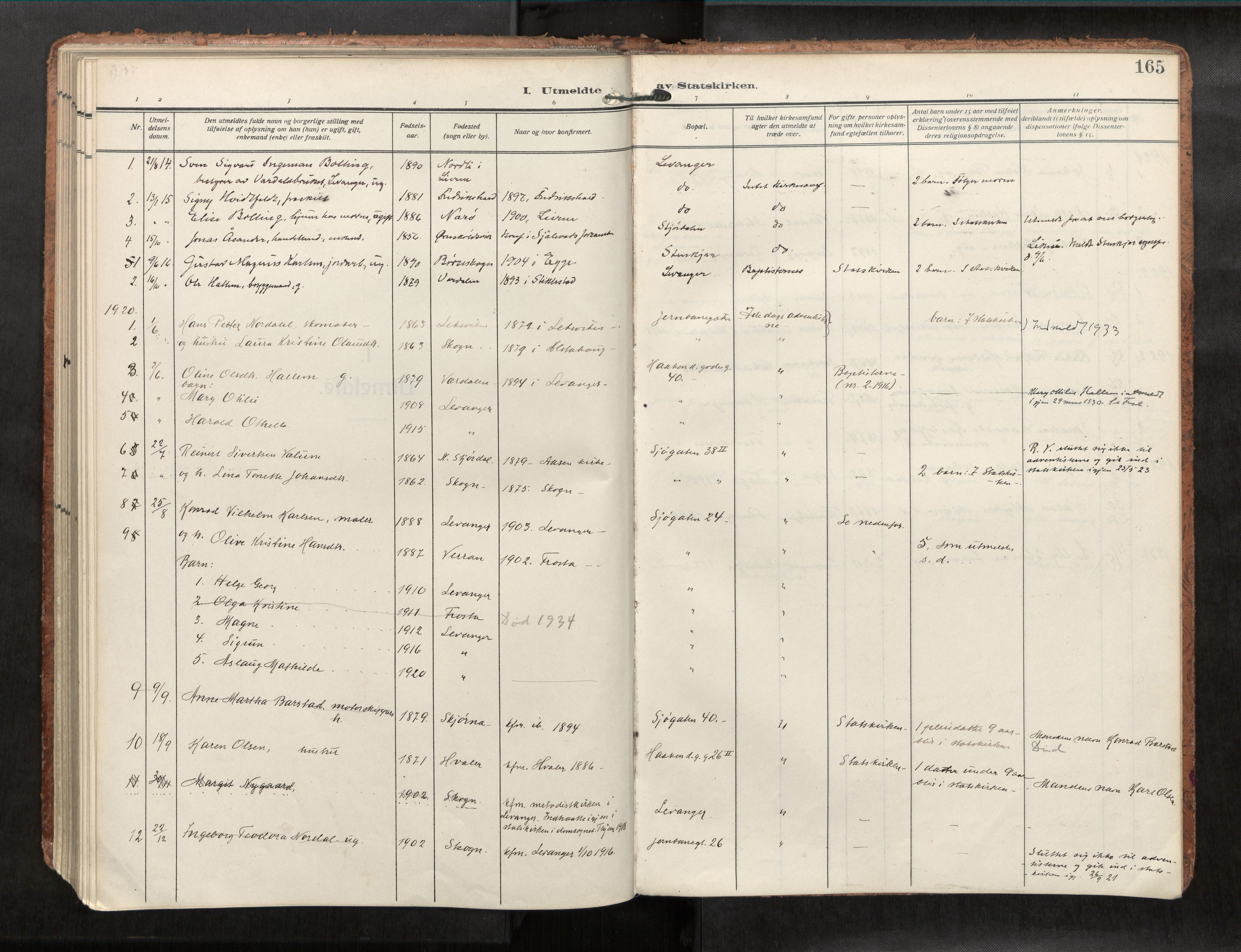 Levanger sokneprestkontor, SAT/A-1301/2/H/Haa/L0001: Parish register (official) no. 1, 1912-1932, p. 165