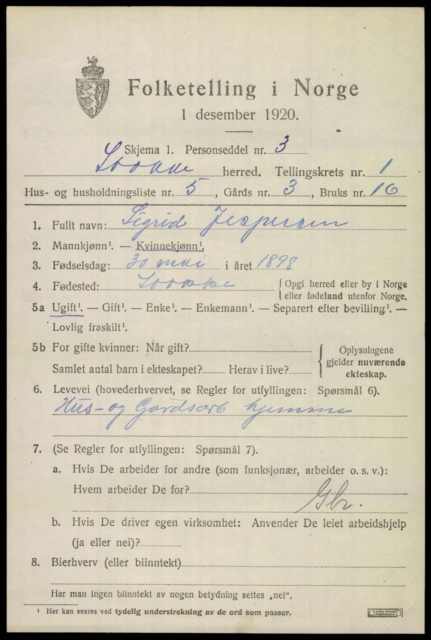 SAKO, 1920 census for Stokke, 1920, p. 2078