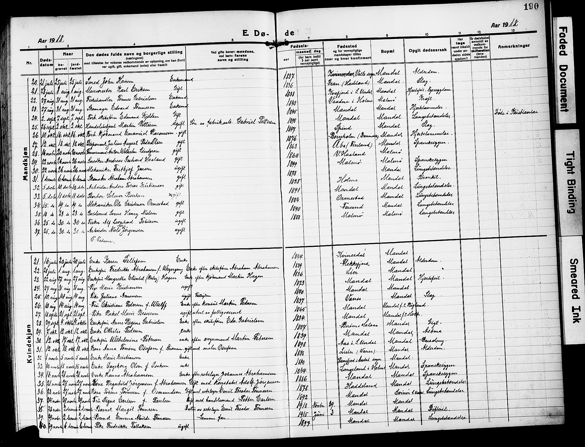 Mandal sokneprestkontor, SAK/1111-0030/F/Fb/Fbc/L0001: Parish register (copy) no. B 1, 1918-1931, p. 190