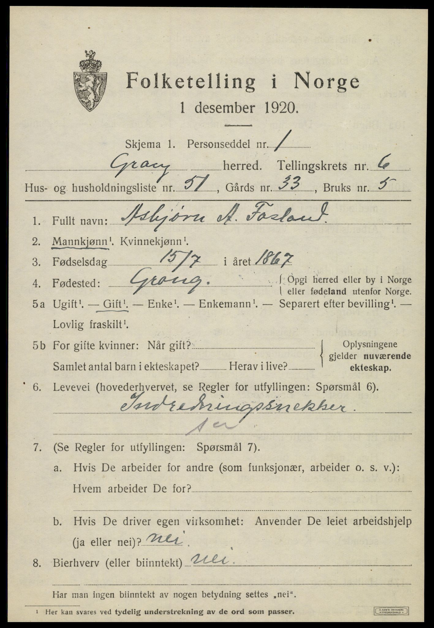 SAT, 1920 census for Grong, 1920, p. 4087