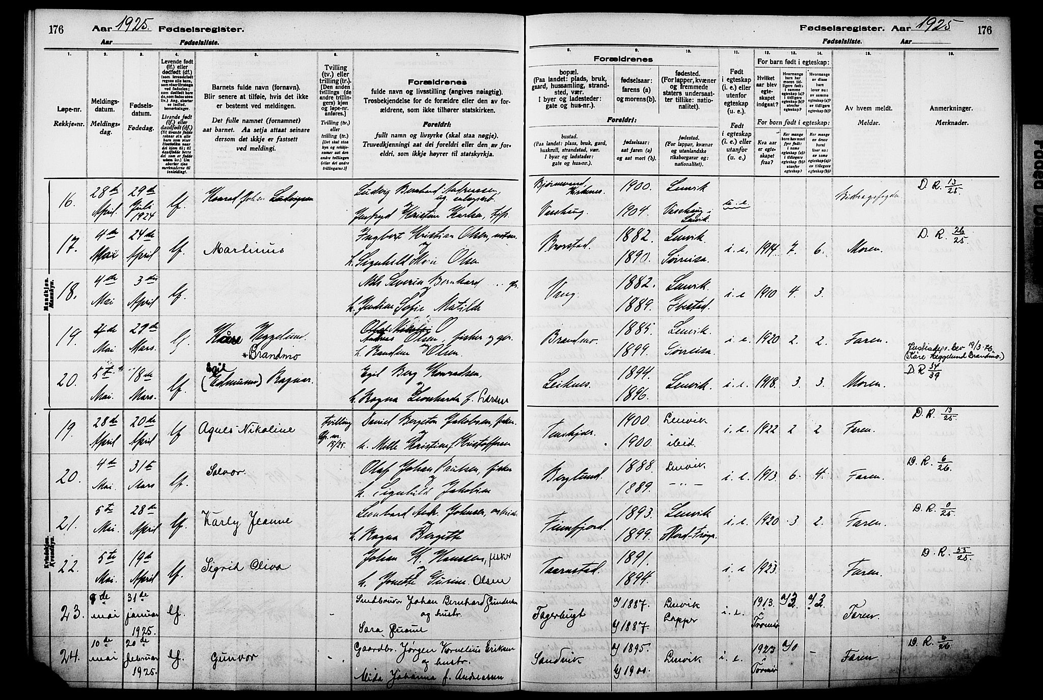 Lenvik sokneprestembete, AV/SATØ-S-1310/I/Ic/L0089: Birth register no. 89, 1916-1926, p. 176