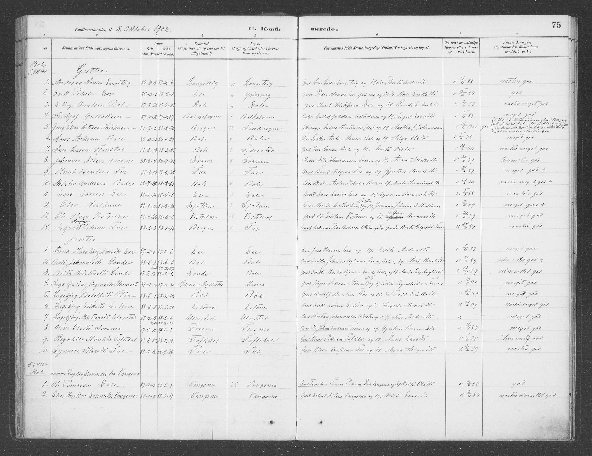 Balestrand sokneprestembete, SAB/A-79601/H/Haa/Haab/L0001: Parish register (official) no. B  1, 1889-1910, p. 75