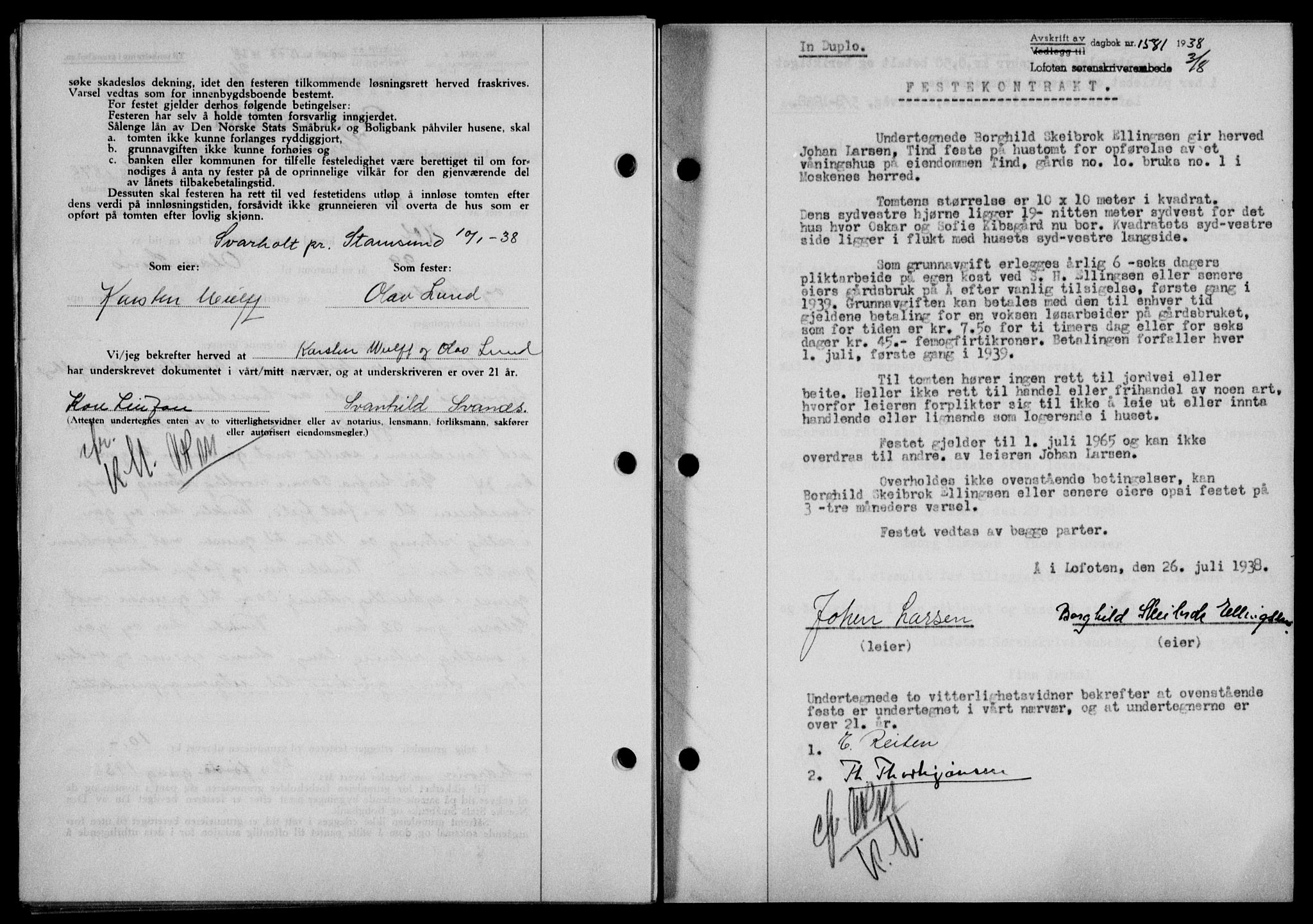 Lofoten sorenskriveri, SAT/A-0017/1/2/2C/L0004a: Mortgage book no. 4a, 1938-1938, Diary no: : 1581/1938