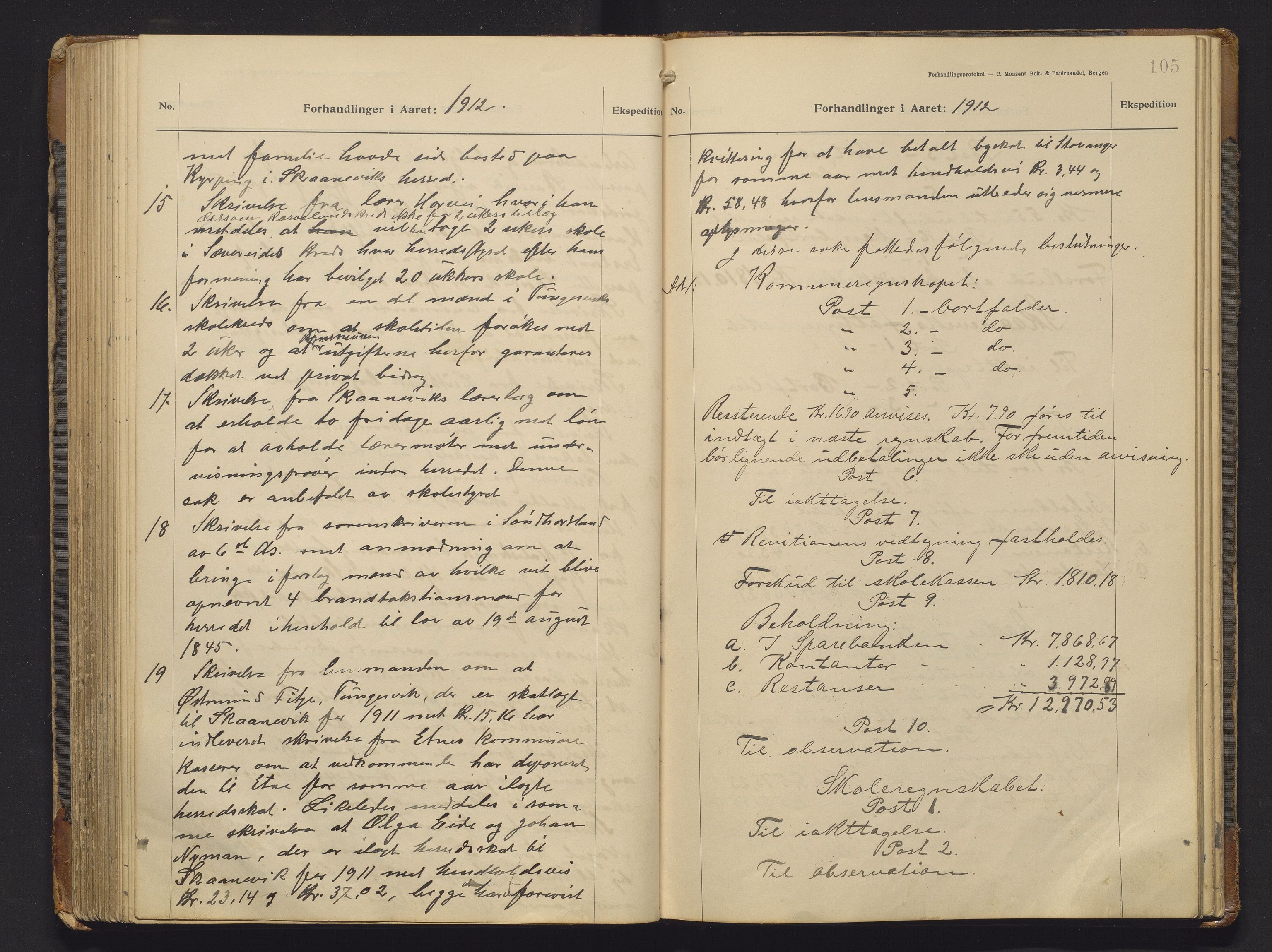 Skånevik kommune. Formannskapet, IKAH/1212-021/A/Aa/L0006: Møtebok for Skånevik formannskap og heradsstyre, 1908-1913, p. 105