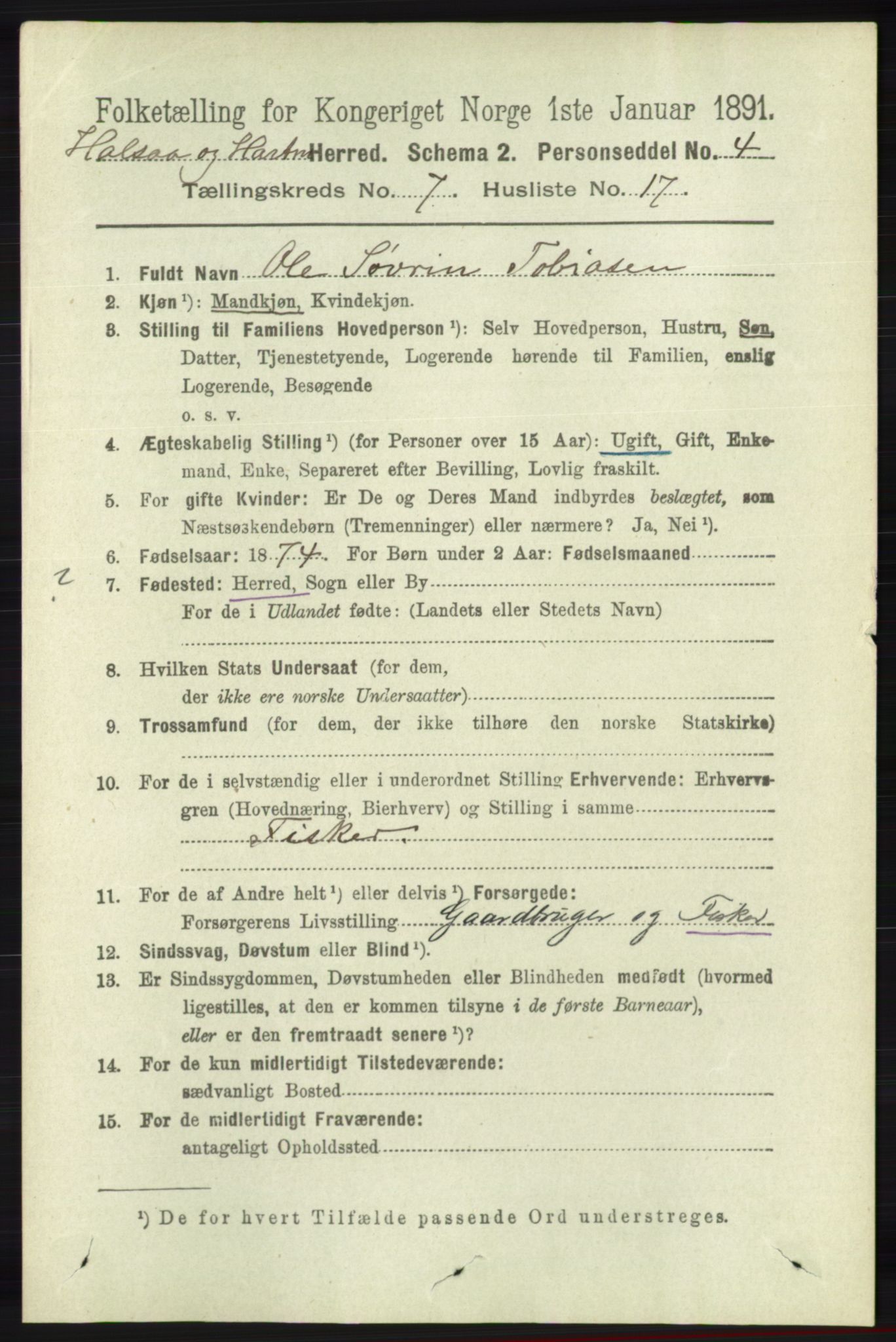 RA, 1891 census for 1019 Halse og Harkmark, 1891, p. 2854