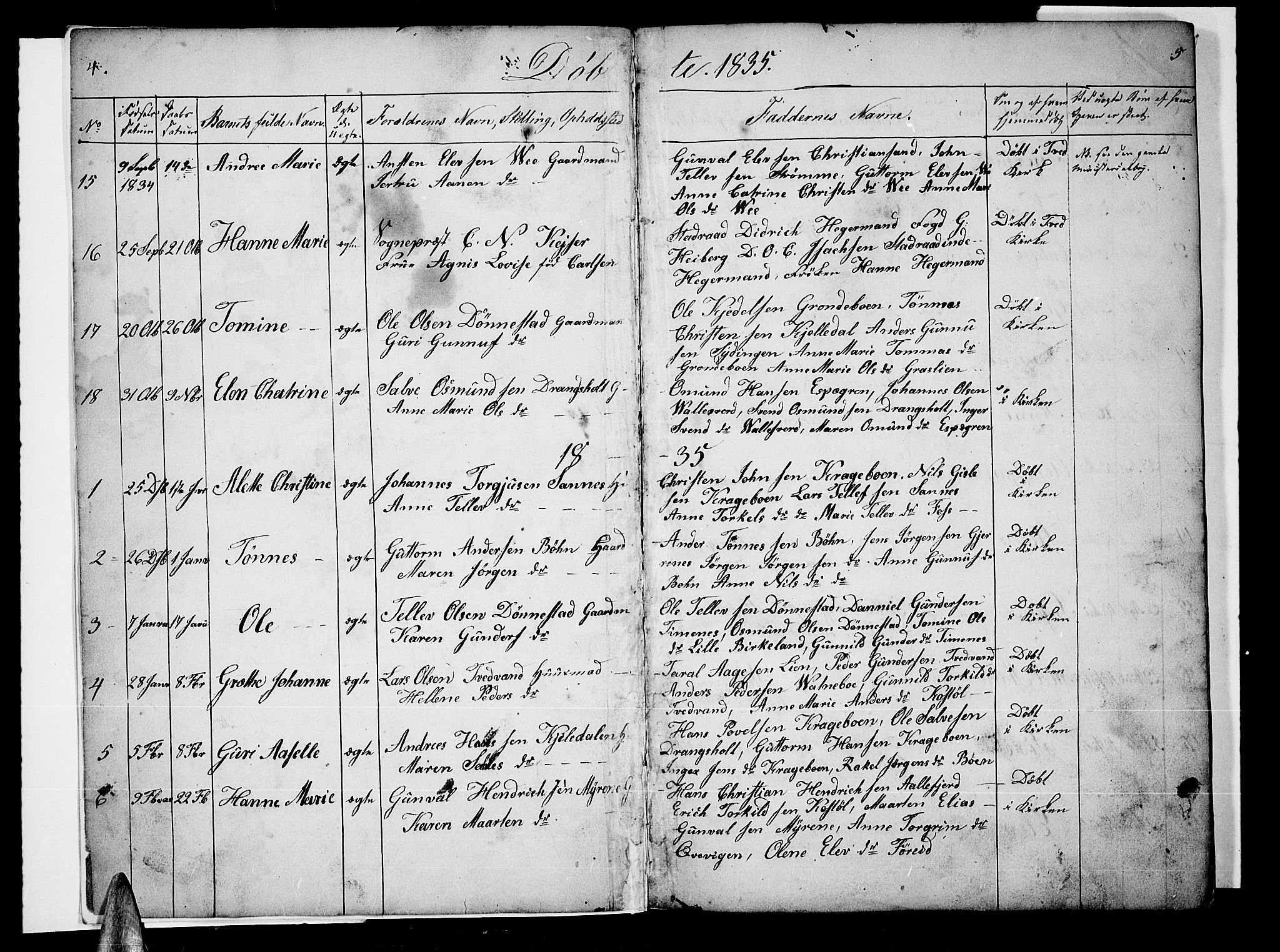 Tveit sokneprestkontor, SAK/1111-0043/F/Fb/L0002: Parish register (copy) no. B 2, 1835-1854, p. 4-5
