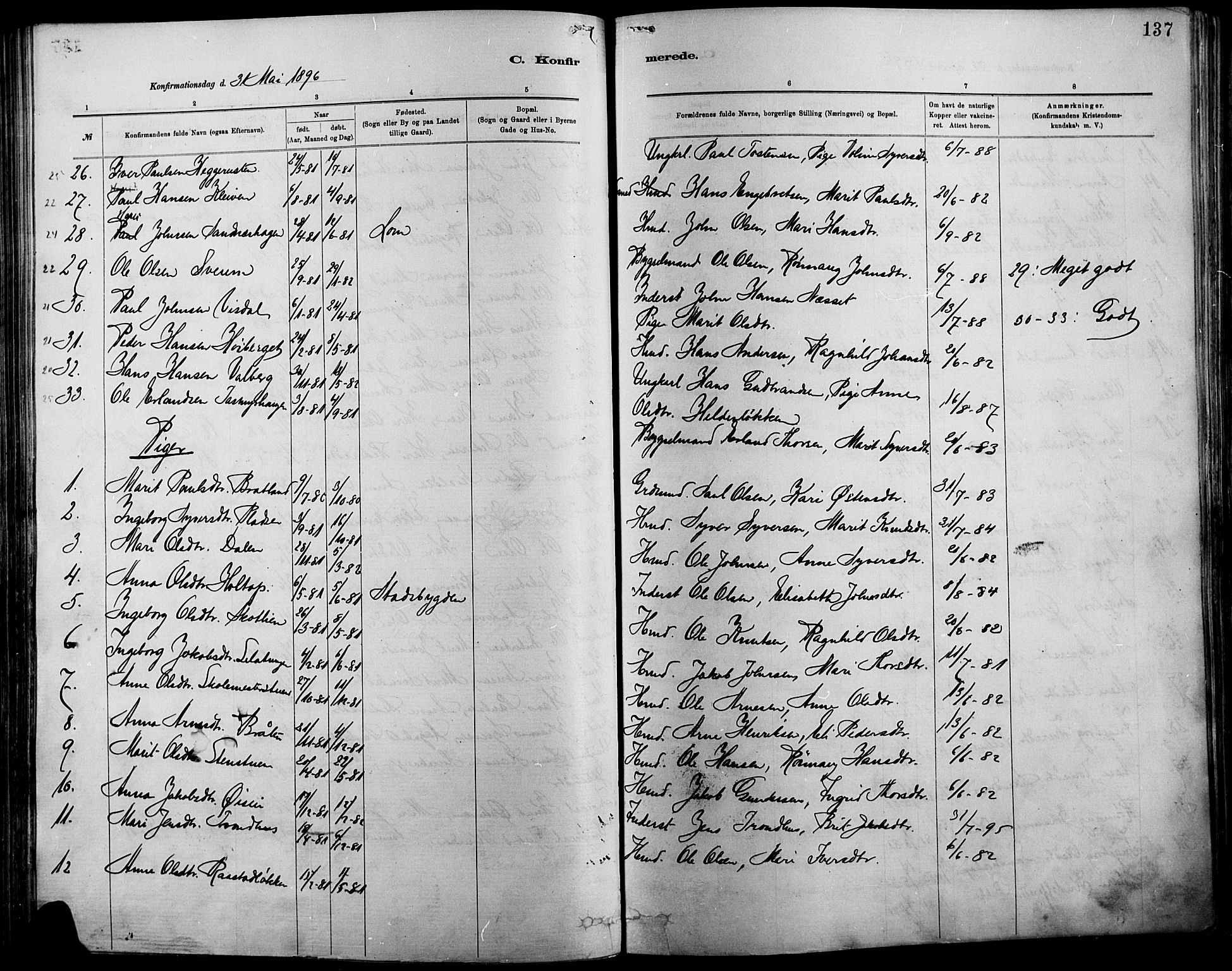 Vågå prestekontor, SAH/PREST-076/H/Ha/Haa/L0009: Parish register (official) no. 9, 1886-1904, p. 137