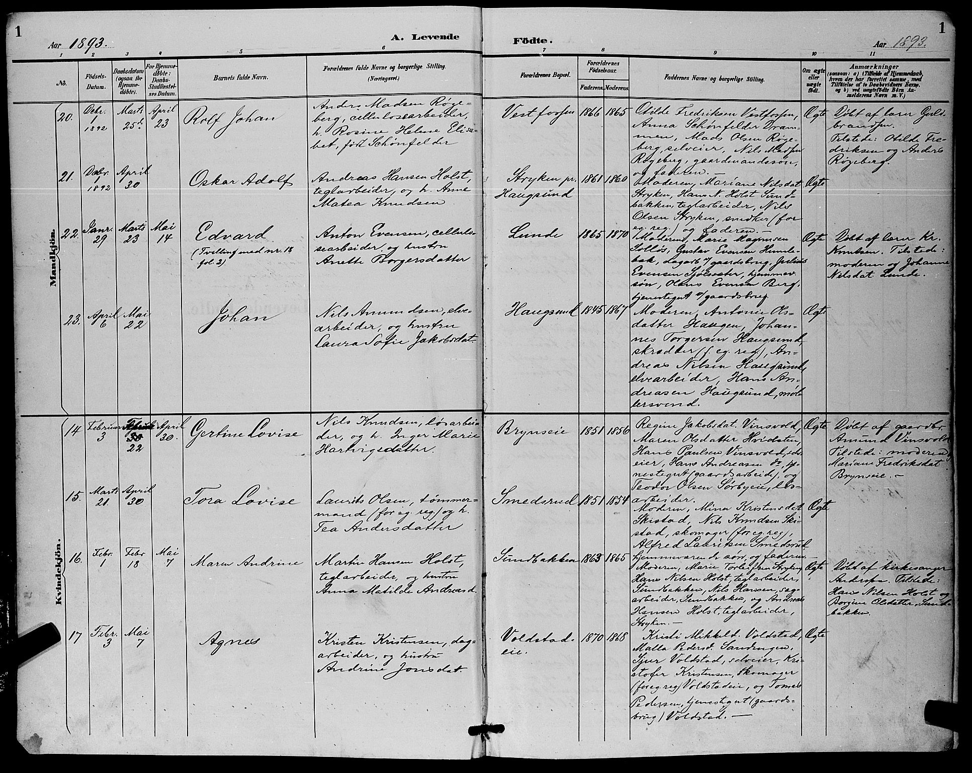 Eiker kirkebøker, SAKO/A-4/G/Ga/L0007: Parish register (copy) no. I 7, 1893-1902, p. 1