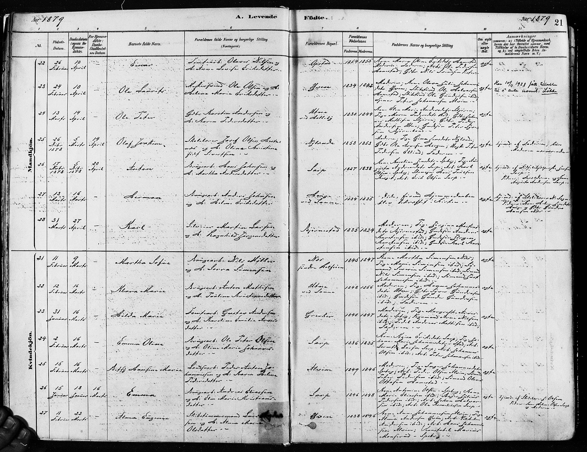 Tune prestekontor Kirkebøker, SAO/A-2007/F/Fa/L0017: Parish register (official) no. 17, 1878-1887, p. 21