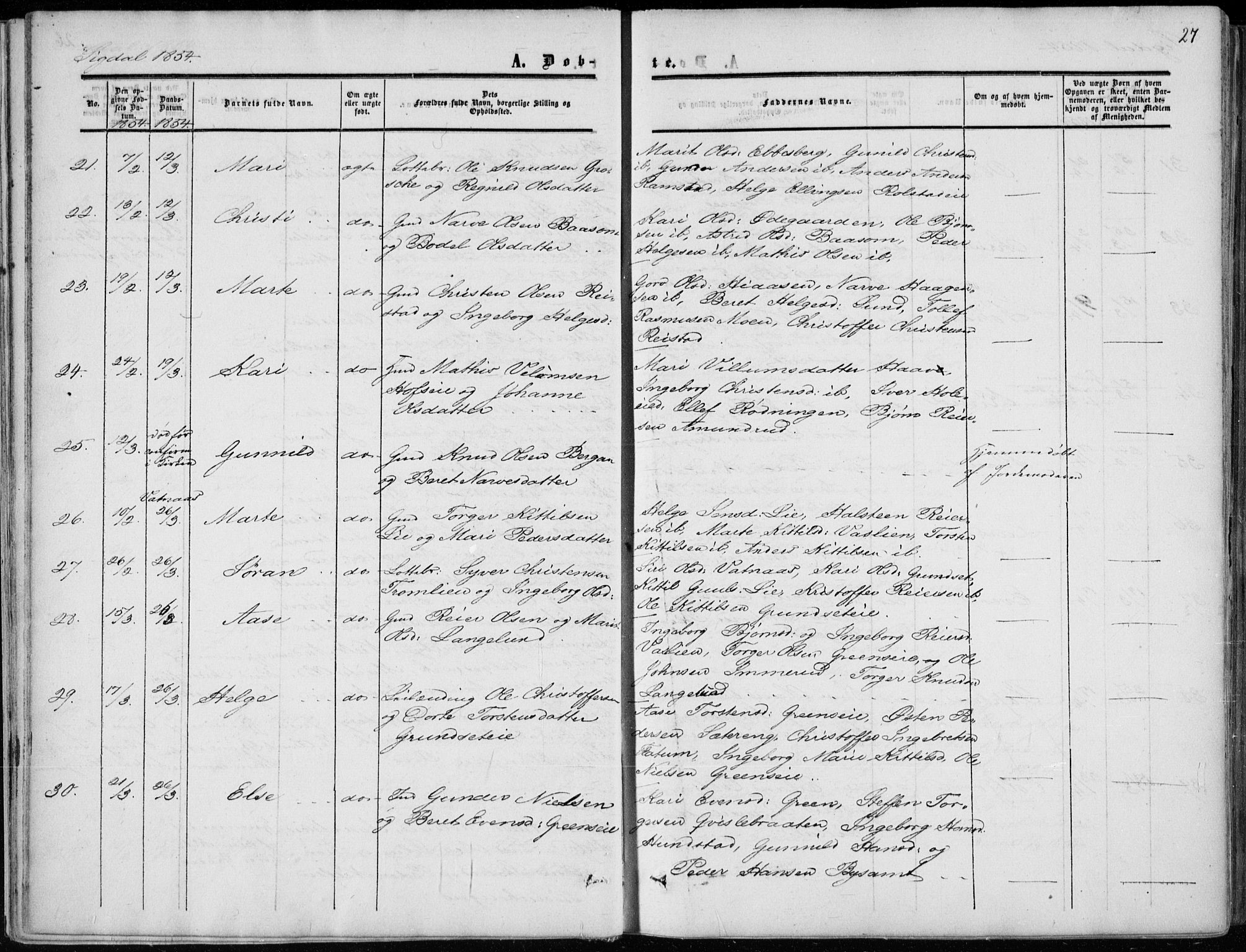 Sigdal kirkebøker, AV/SAKO-A-245/F/Fa/L0008: Parish register (official) no. I 8, 1850-1859, p. 27