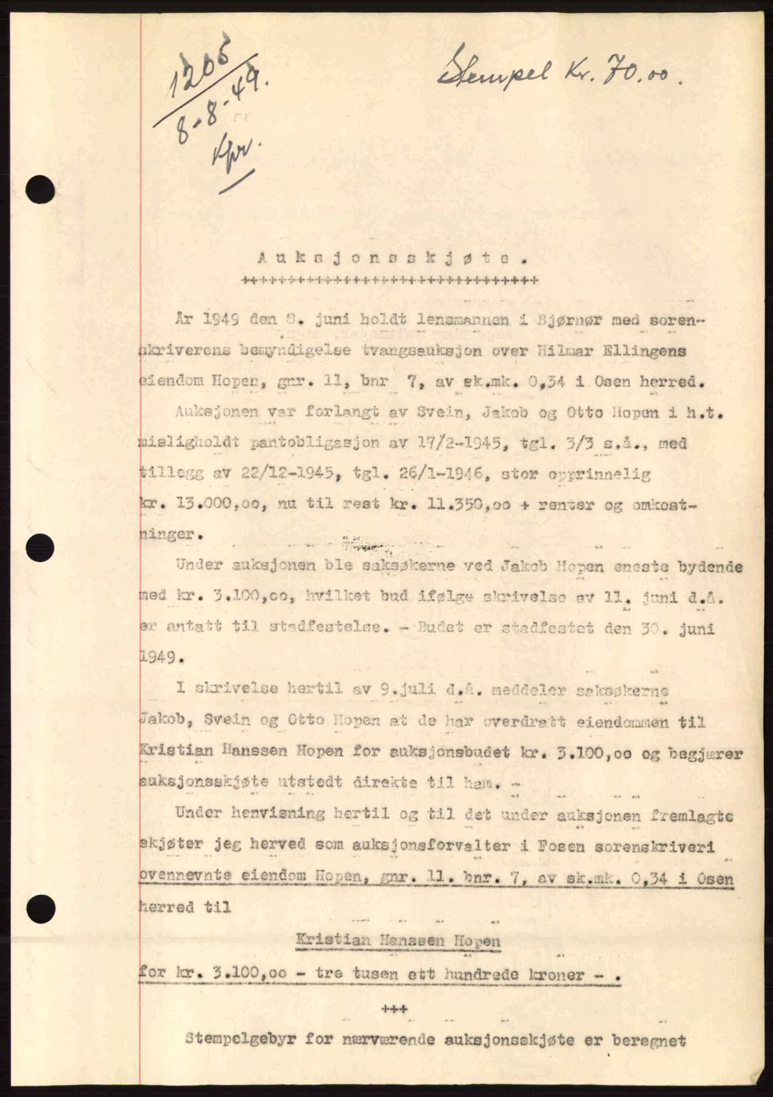 Fosen sorenskriveri, AV/SAT-A-1107/1/2/2C: Mortgage book no. A10, 1949-1950, Diary no: : 1205/1949