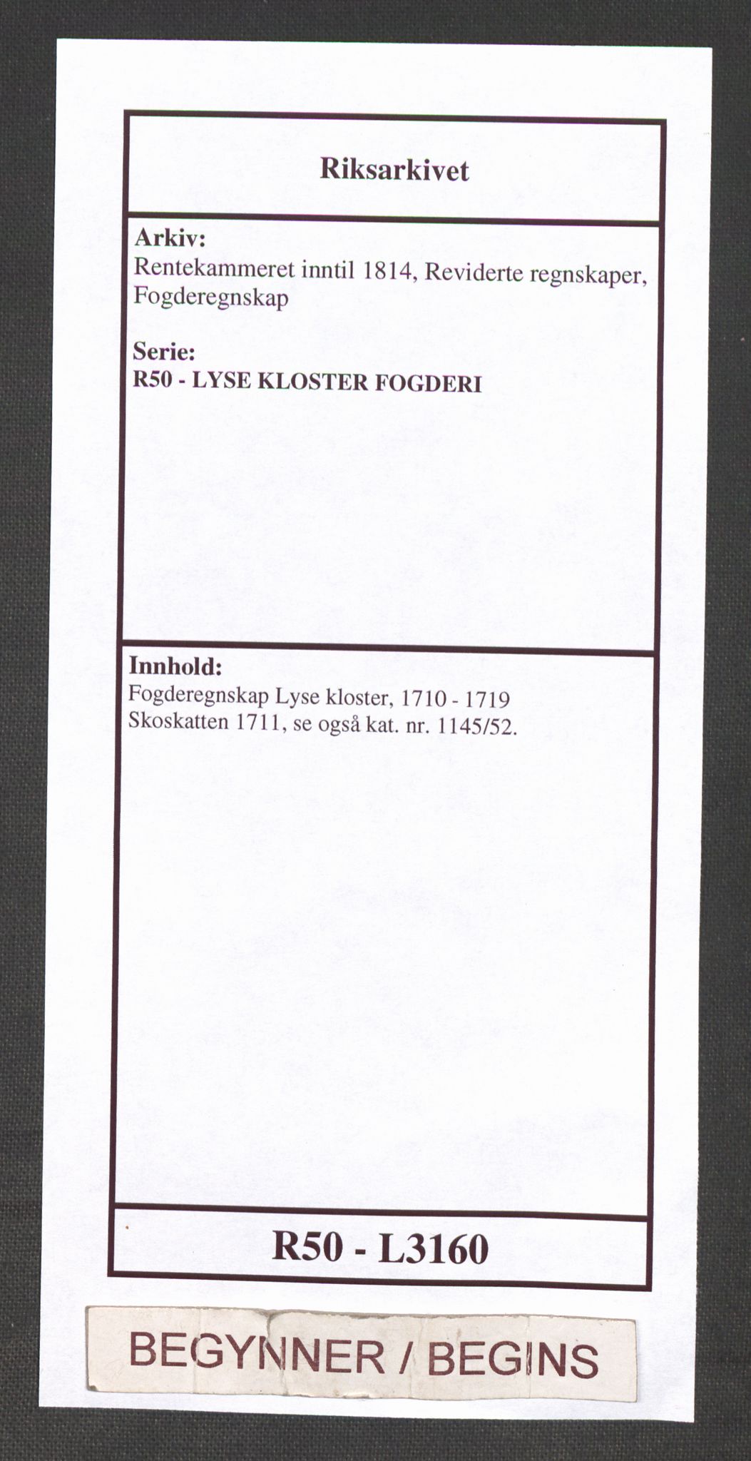 Rentekammeret inntil 1814, Reviderte regnskaper, Fogderegnskap, RA/EA-4092/R50/L3160: Fogderegnskap Lyse kloster, 1710-1719, p. 1