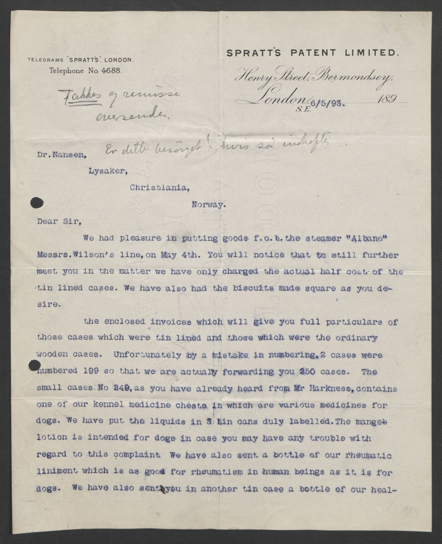 Arbeidskomitéen for Fridtjof Nansens polarekspedisjon, AV/RA-PA-0061/D/L0004: Innk. brev og telegrammer vedr. proviant og utrustning, 1892-1893, p. 788