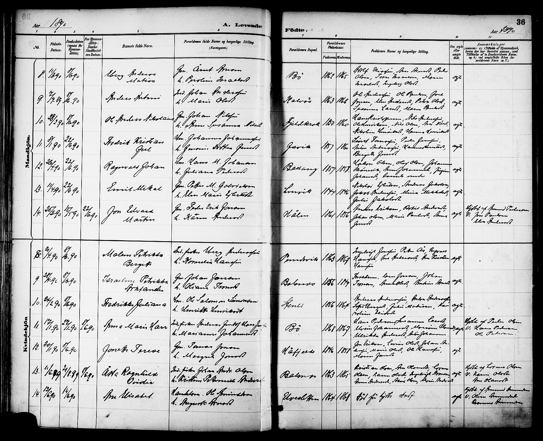 Ministerialprotokoller, klokkerbøker og fødselsregistre - Nordland, SAT/A-1459/863/L0898: Parish register (official) no. 863A10, 1886-1897, p. 36