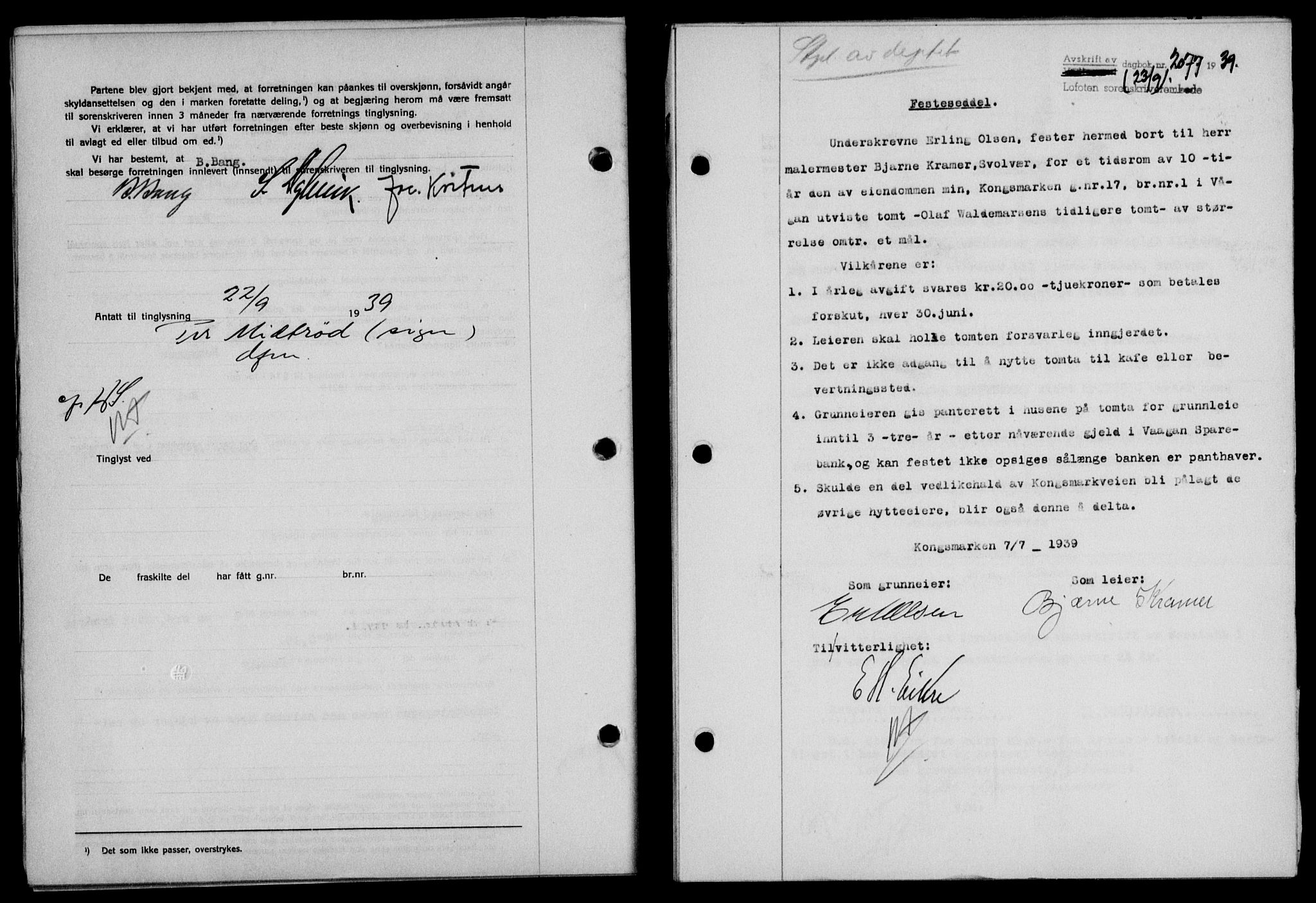 Lofoten sorenskriveri, SAT/A-0017/1/2/2C/L0006a: Mortgage book no. 6a, 1939-1939, Diary no: : 2077/1939