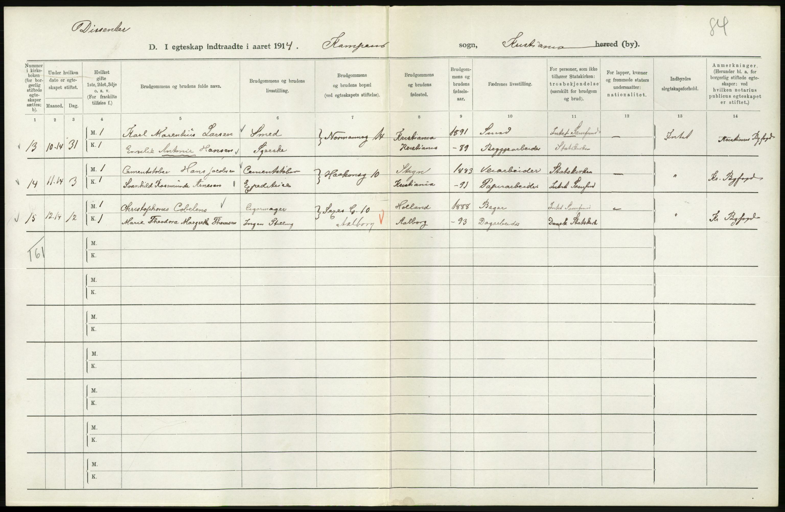 Statistisk sentralbyrå, Sosiodemografiske emner, Befolkning, AV/RA-S-2228/D/Df/Dfb/Dfbd/L0007: Kristiania: Gifte, 1914, p. 252