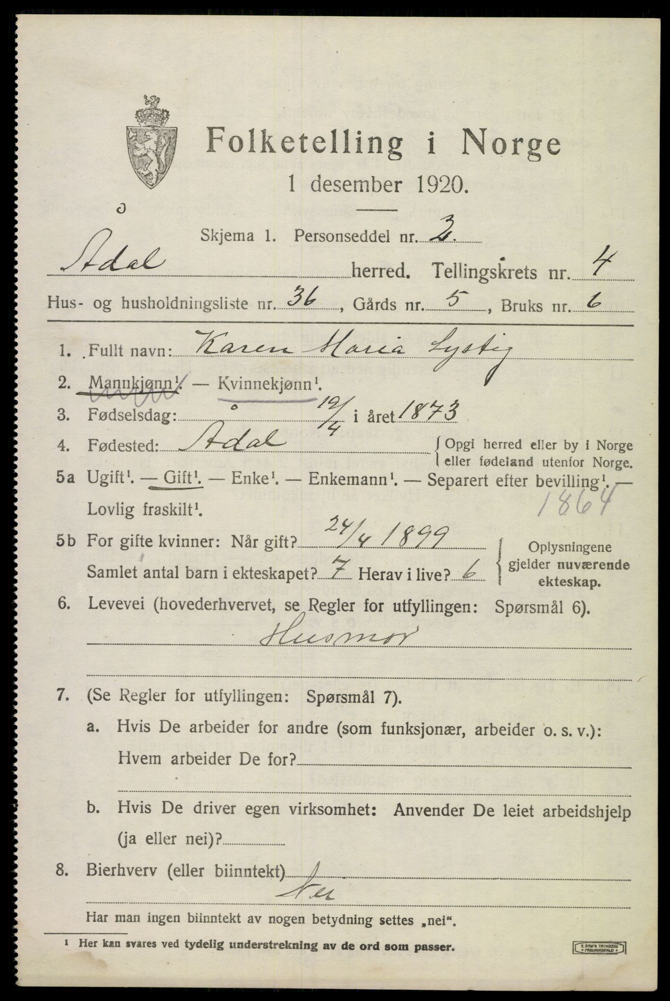 SAKO, 1920 census for Ådal, 1920, p. 4046