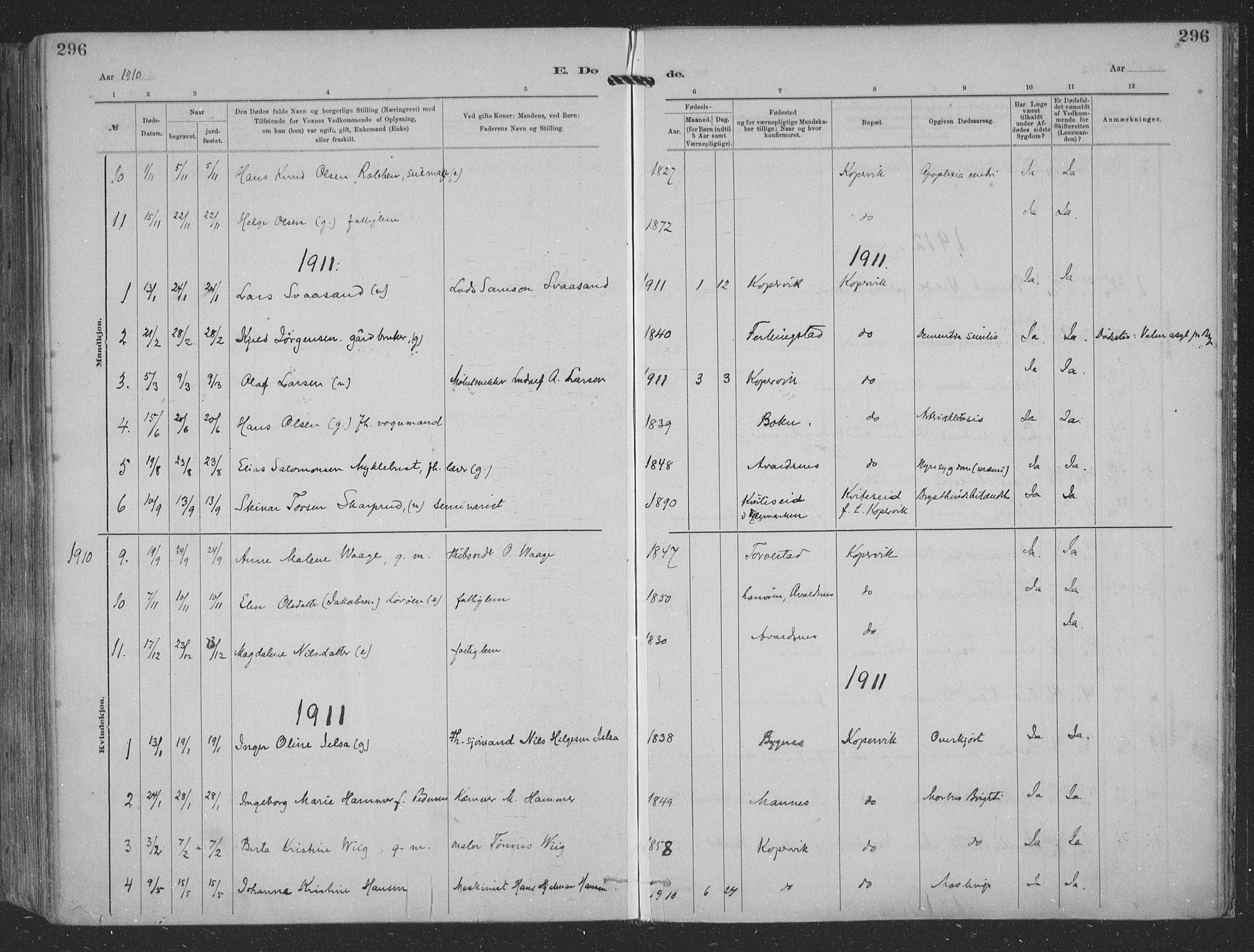Kopervik sokneprestkontor, SAST/A-101850/H/Ha/Haa/L0001: Parish register (official) no. A 1, 1880-1919, p. 296