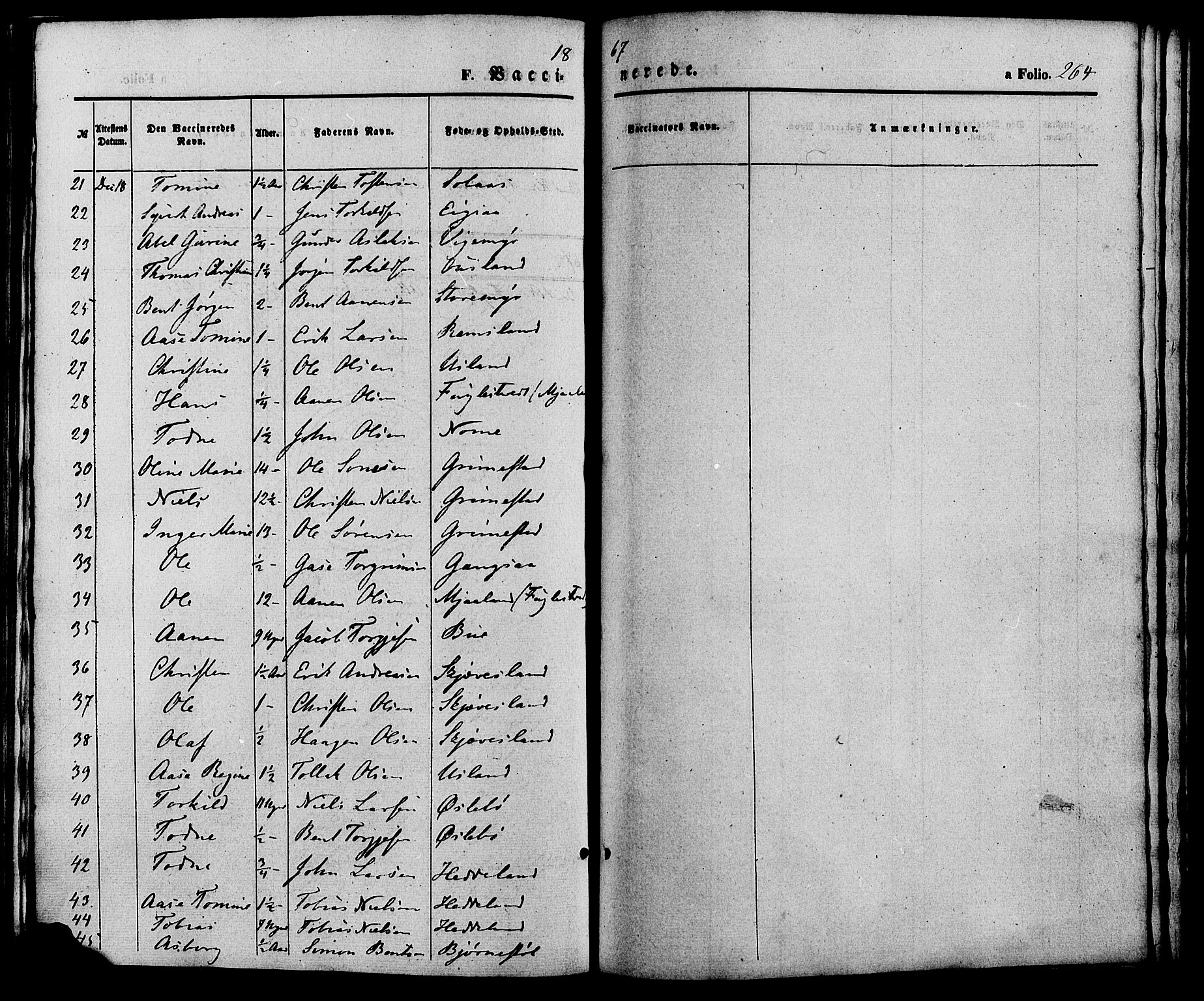 Holum sokneprestkontor, AV/SAK-1111-0022/F/Fa/Fac/L0003: Parish register (official) no. A 3, 1860-1883, p. 264