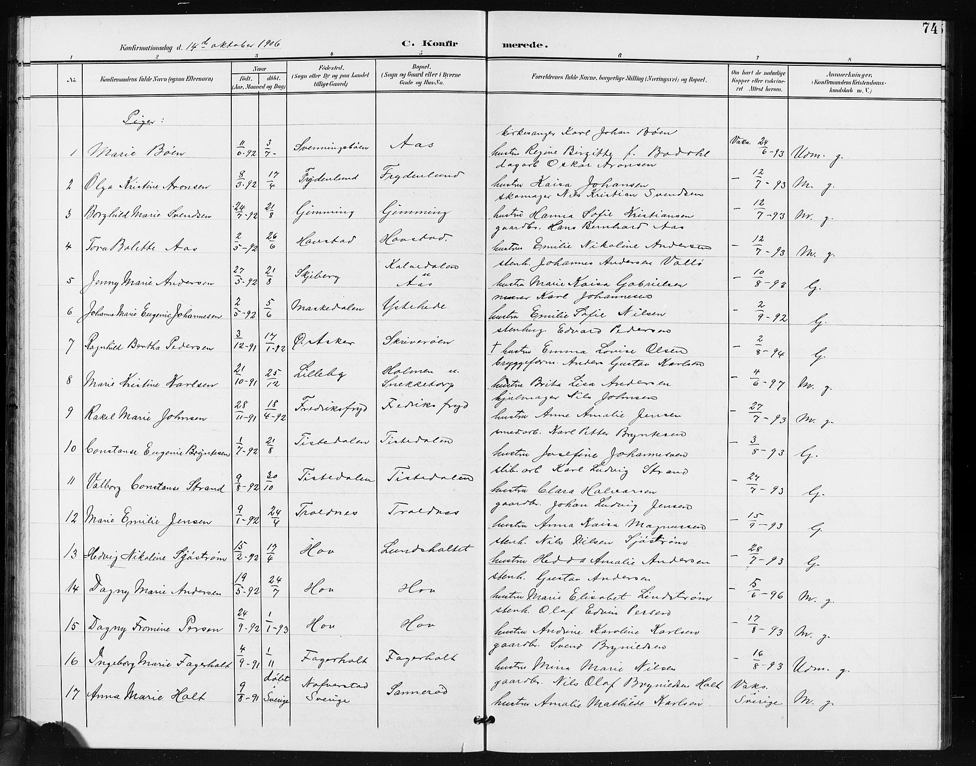 Idd prestekontor Kirkebøker, SAO/A-10911/G/Gb/L0001: Parish register (copy) no. II 1, 1901-1907, p. 74