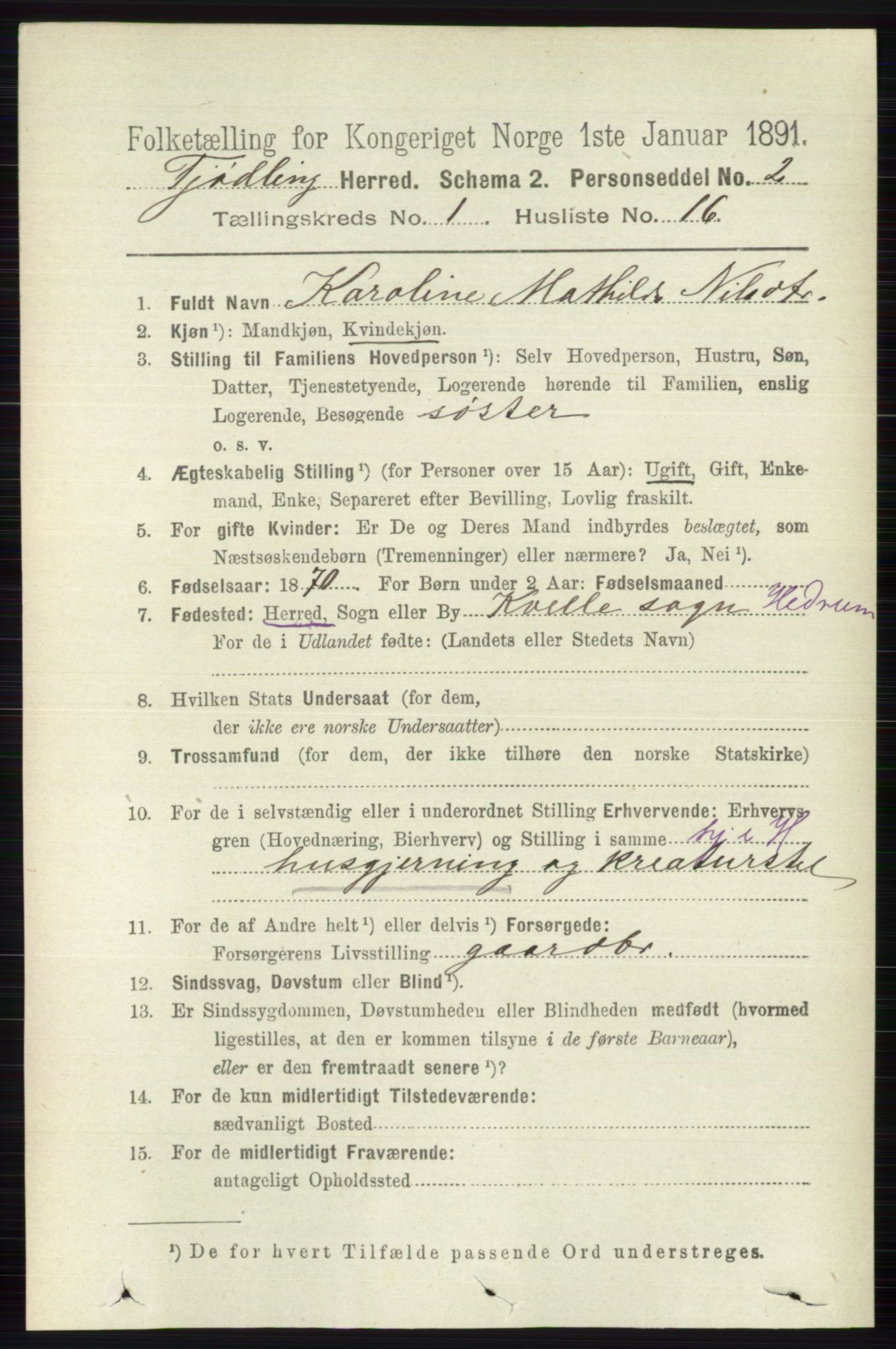 RA, 1891 census for 0725 Tjølling, 1891, p. 188