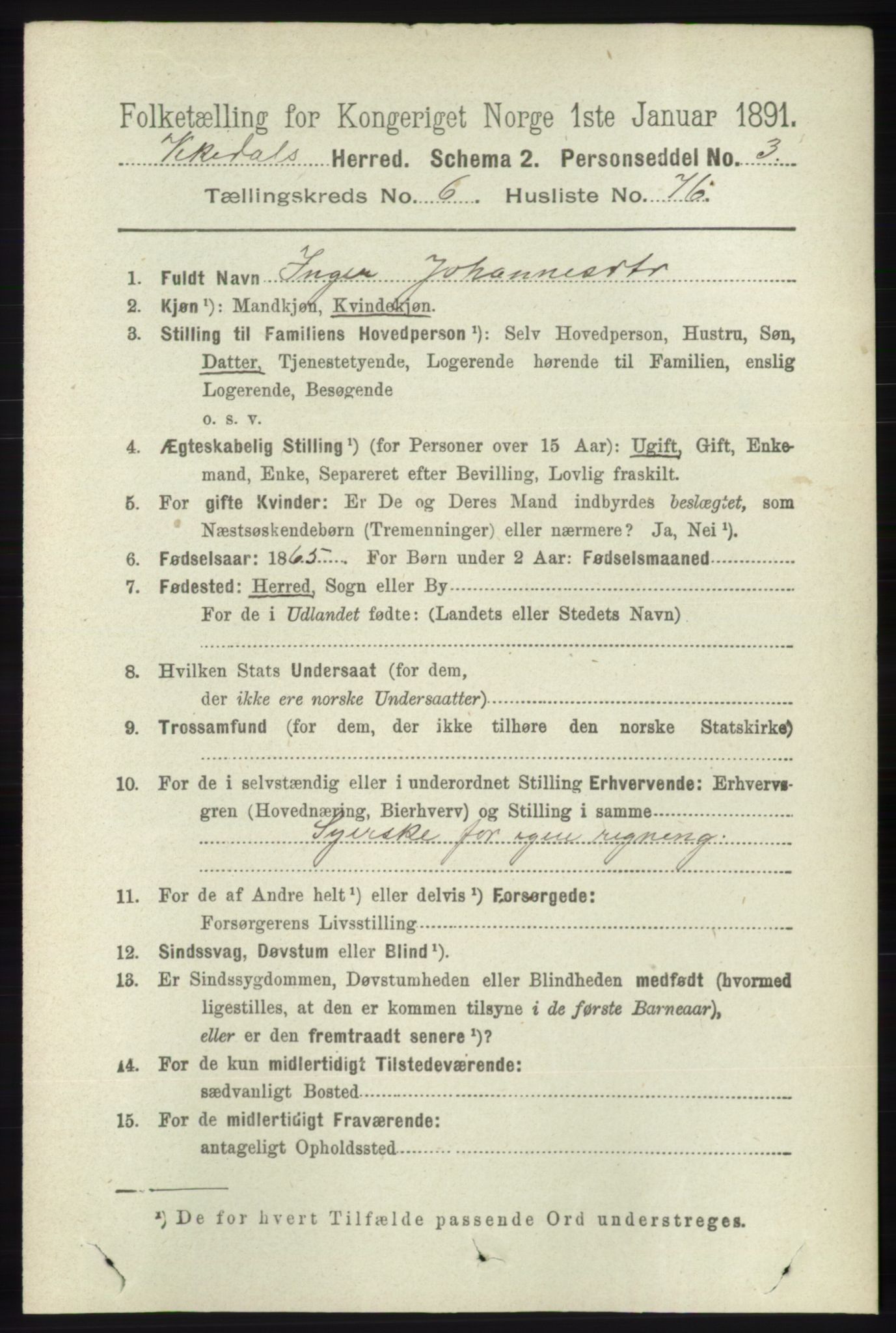 RA, 1891 census for 1157 Vikedal, 1891, p. 1976