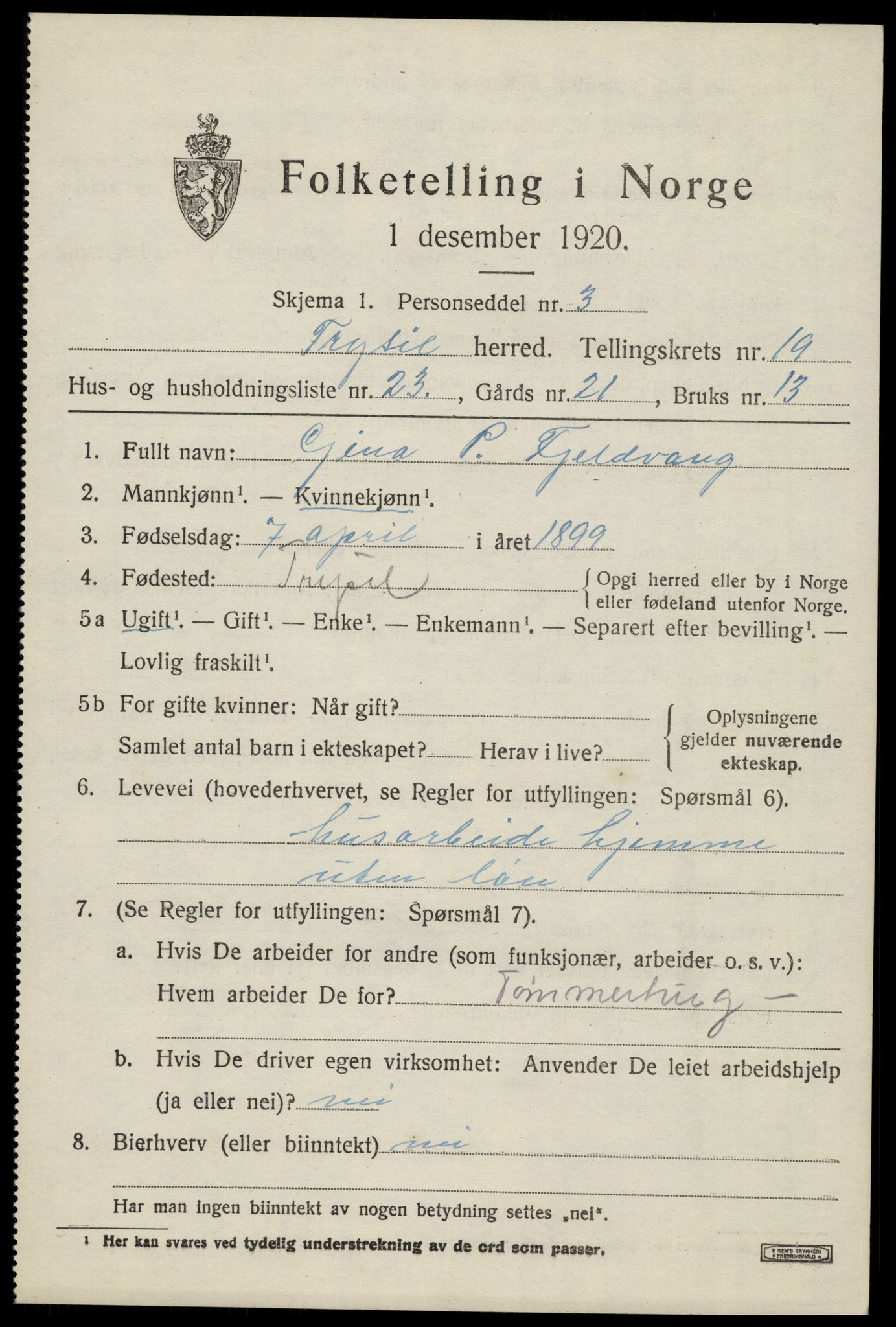 SAH, 1920 census for Trysil, 1920, p. 12999