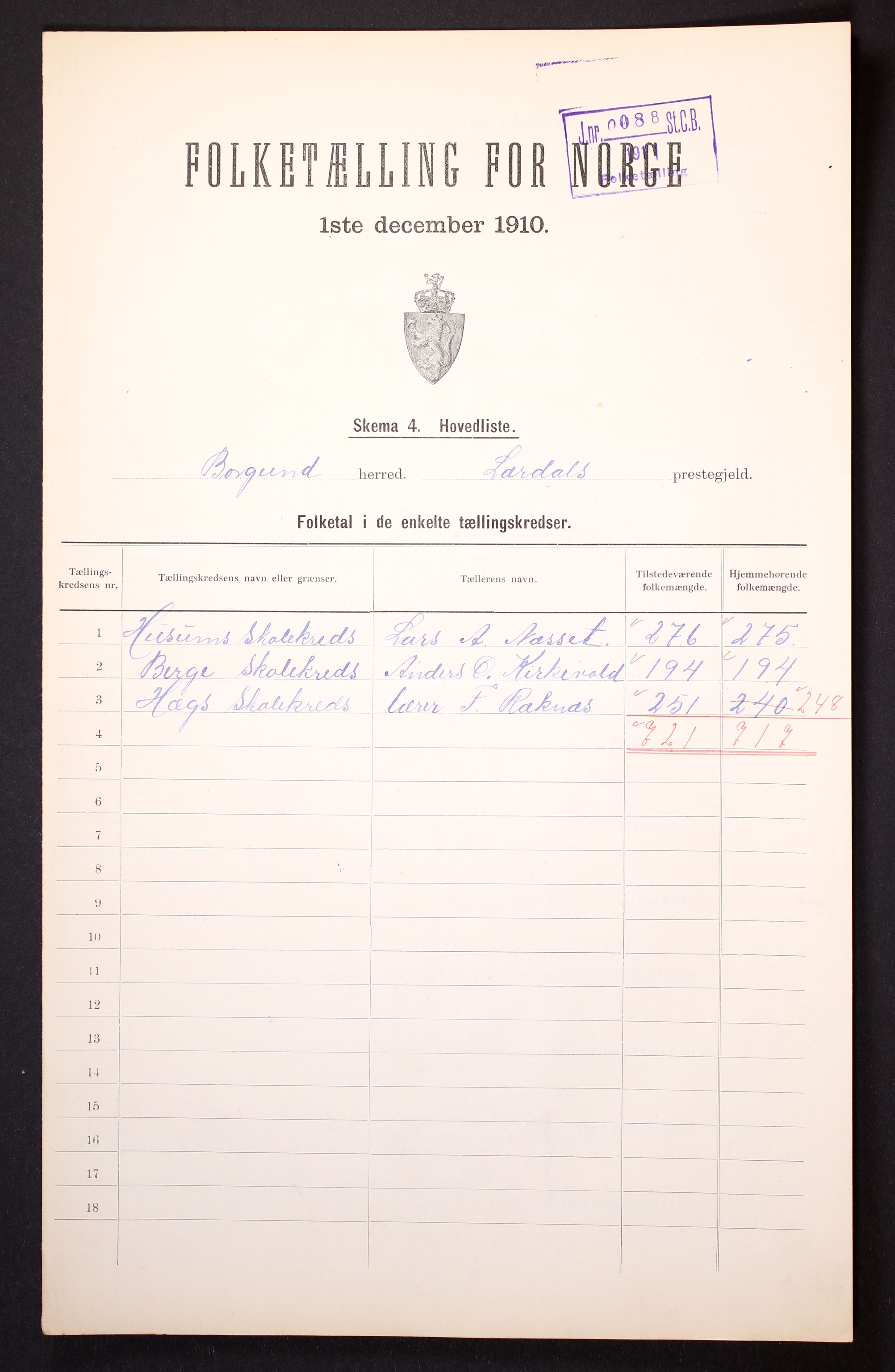 RA, 1910 census for Borgund, 1910, p. 2